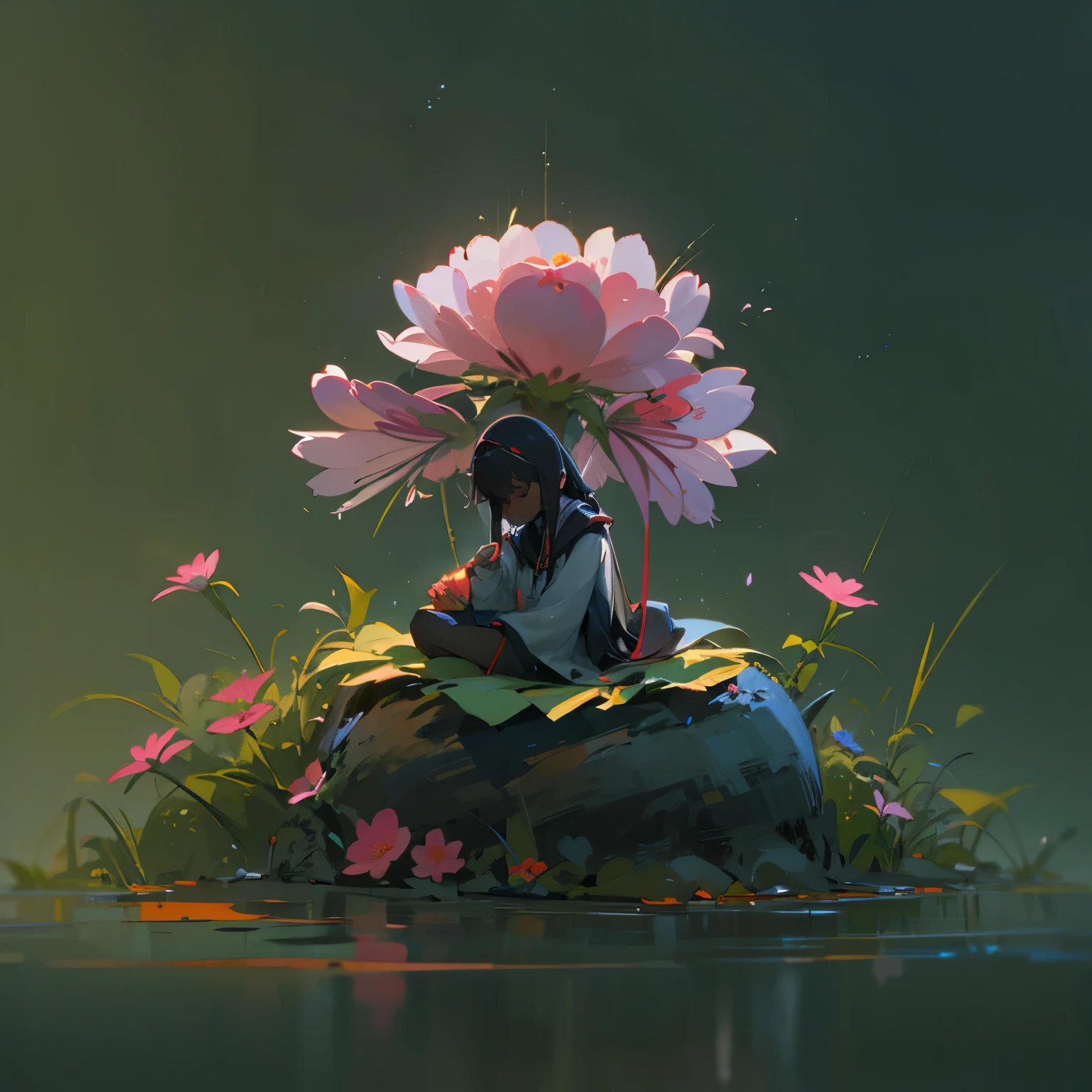 Little cute flower spirit sitting on a flower, (dark skin), solo,  concept art, fantasy art, matte in the style of alena aenami,by yanjun cheng, highly detailed, defined features, seating position, hyperrealism, cinema 4d, beautiful, mysterious, elemental, ethereal, elementl, high resolution