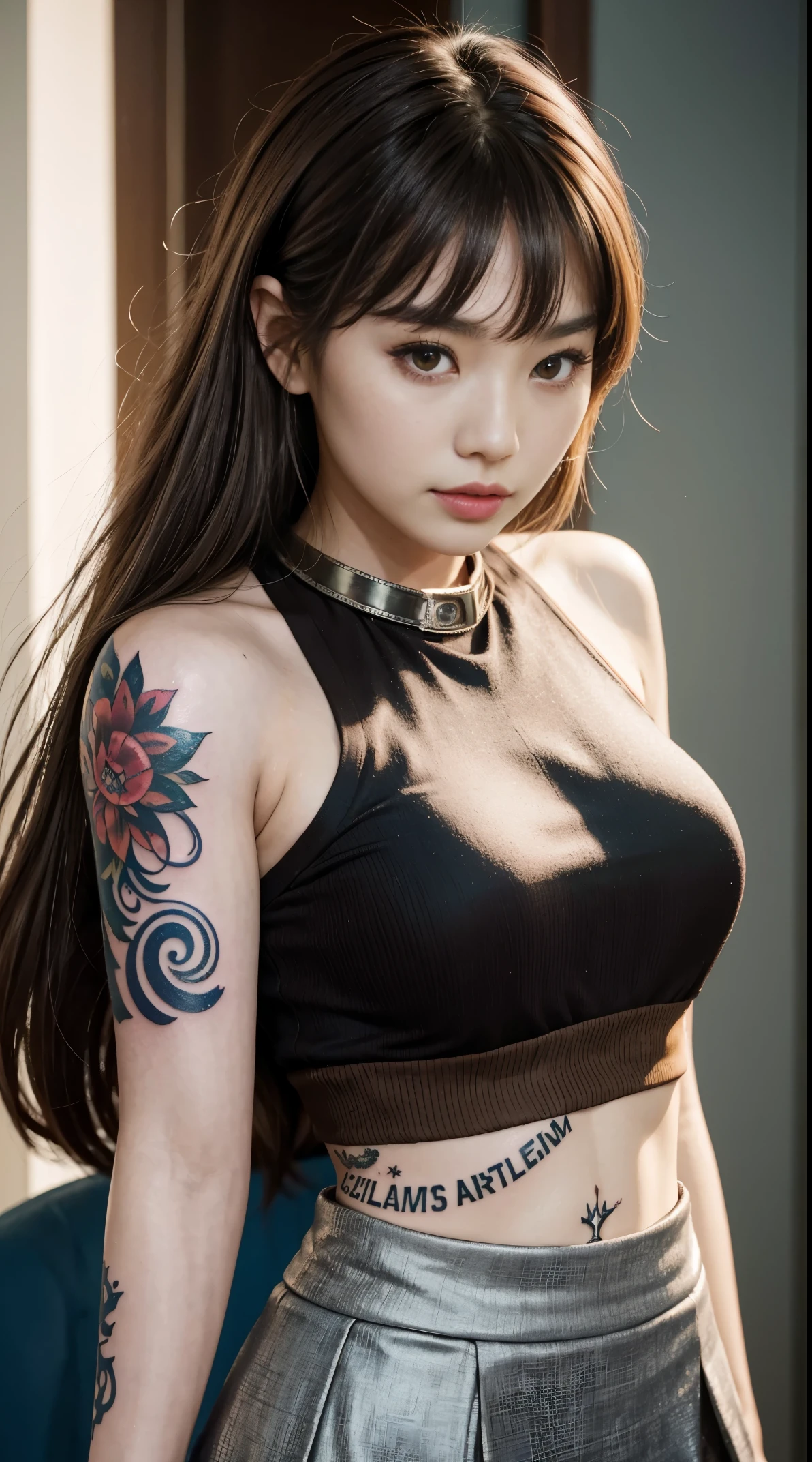 50 years old, gorgeous cute  Turkish girl, smirk, freckles, polaroid photo, (dark skin:1.3), (platinum brown hair:1.5), arafed image of a woman in a skirt and tank top, jinyoung shin, heonhwa choe, skull image on the vest, cruel korean goth girl, korean women's fashion model, seseon yoon, jaeyeon nam, sleeveless, iu lee ji-eun as a super villain, sun yunjoo, jiyun chae, bae suzy, famous beautiful model, good young girl, (masterpiece:1.0),(best_quality:1.0), ultra high res,4K,ultra-detailed, photography, 8K, HDR, highres, absurdres:1.2, Kodak portra 400, blurry background, bokeh, lens flare, (vibrant_color:1.2),professional photograph, (the_tattoo:1.4), (beautiful_face:1.5),(narrow_waist). --v 6