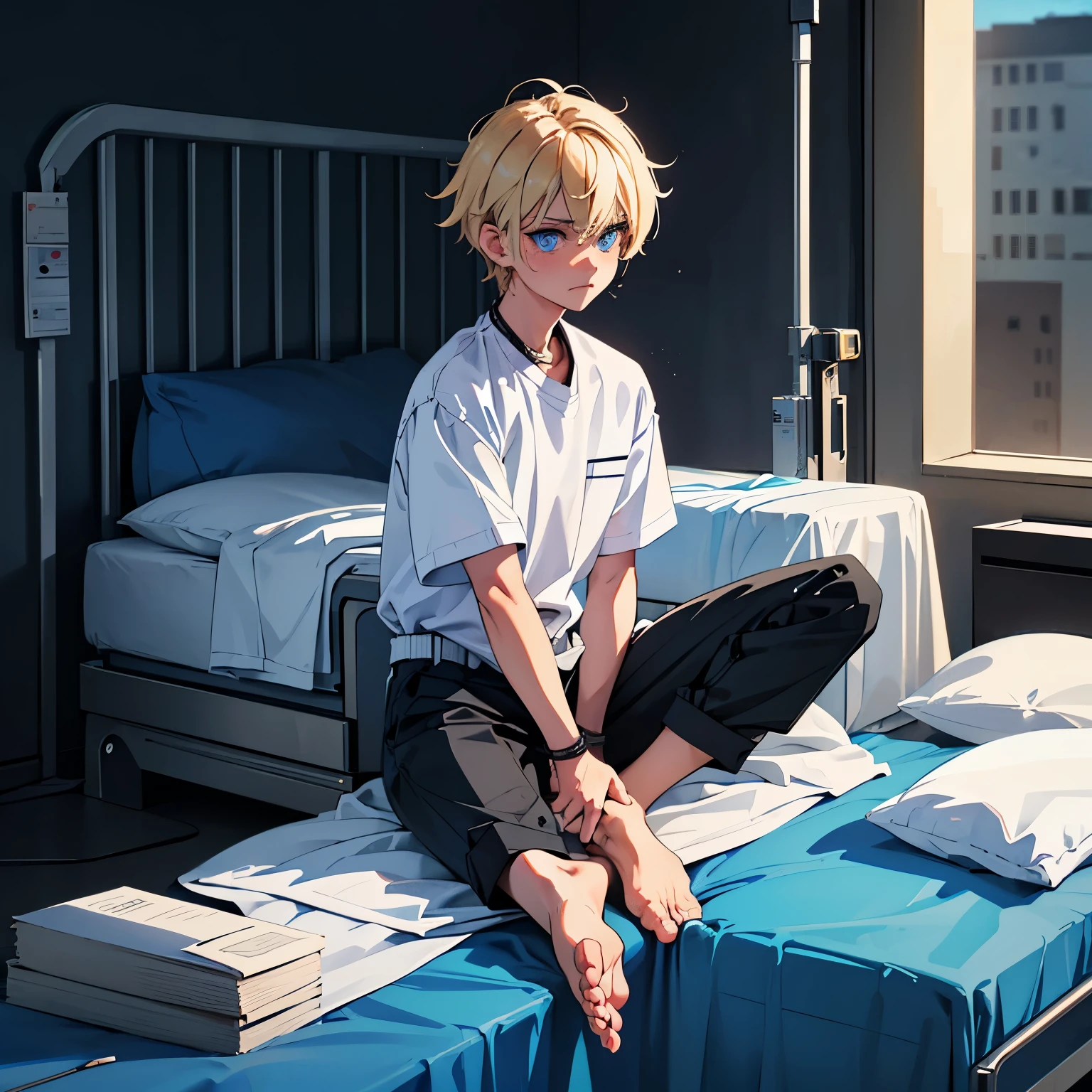 A boy sitting on a hospital bed. He has electric blond hair with a black undercut and sharp blue eyes. He has on a white shirt and a some tight pants that stop just above his knees. He has no shoes on. He has a sad expression. On his wrists and ankles he has metal shackles.