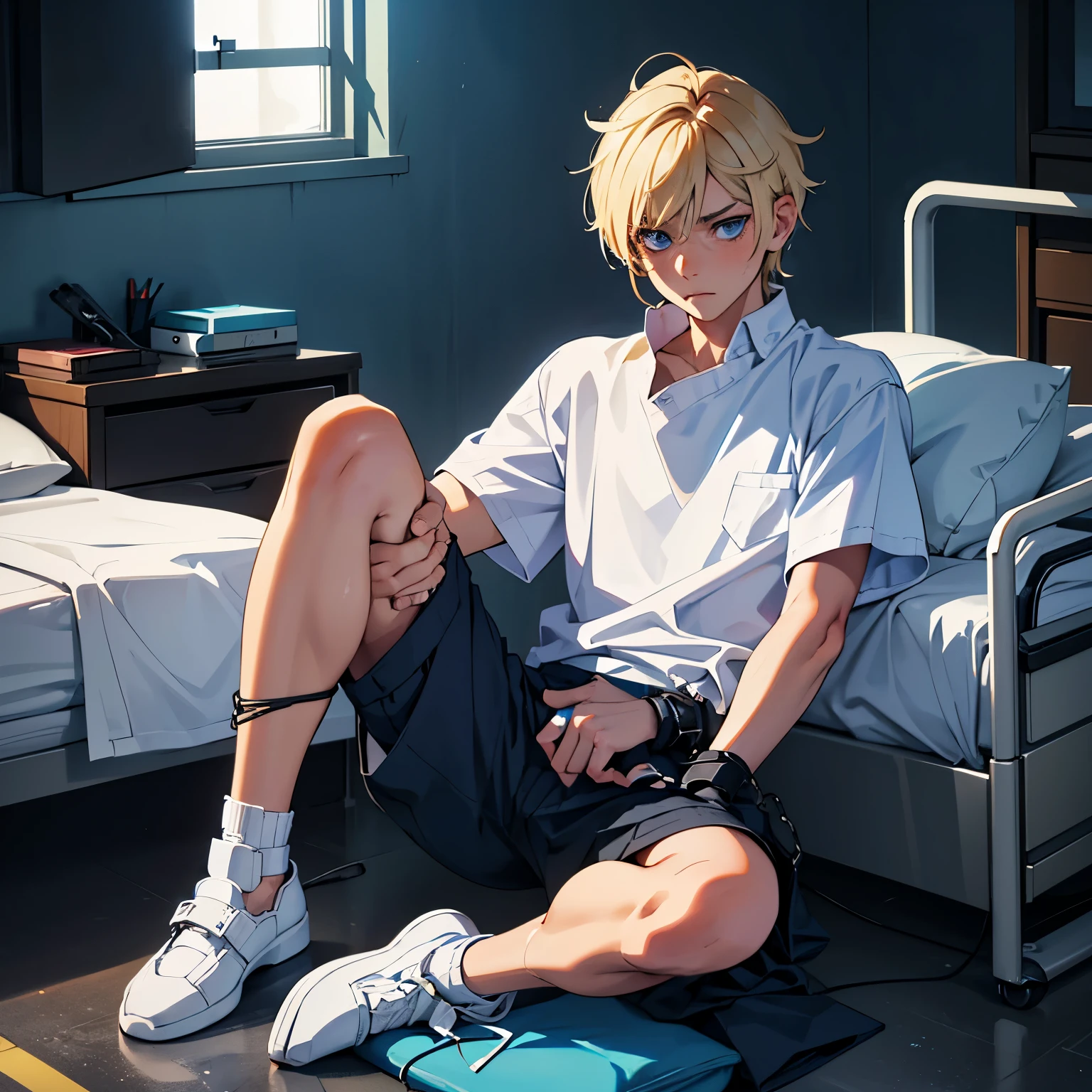 A boy sitting on a hospital bed. He has electric blond hair with a black undercut and sharp blue eyes. He has on a white shirt and a some tight pants that stop just above his knees. He has no shoes on. He has a sad expression. On his wrists and ankles he has metal shackles.