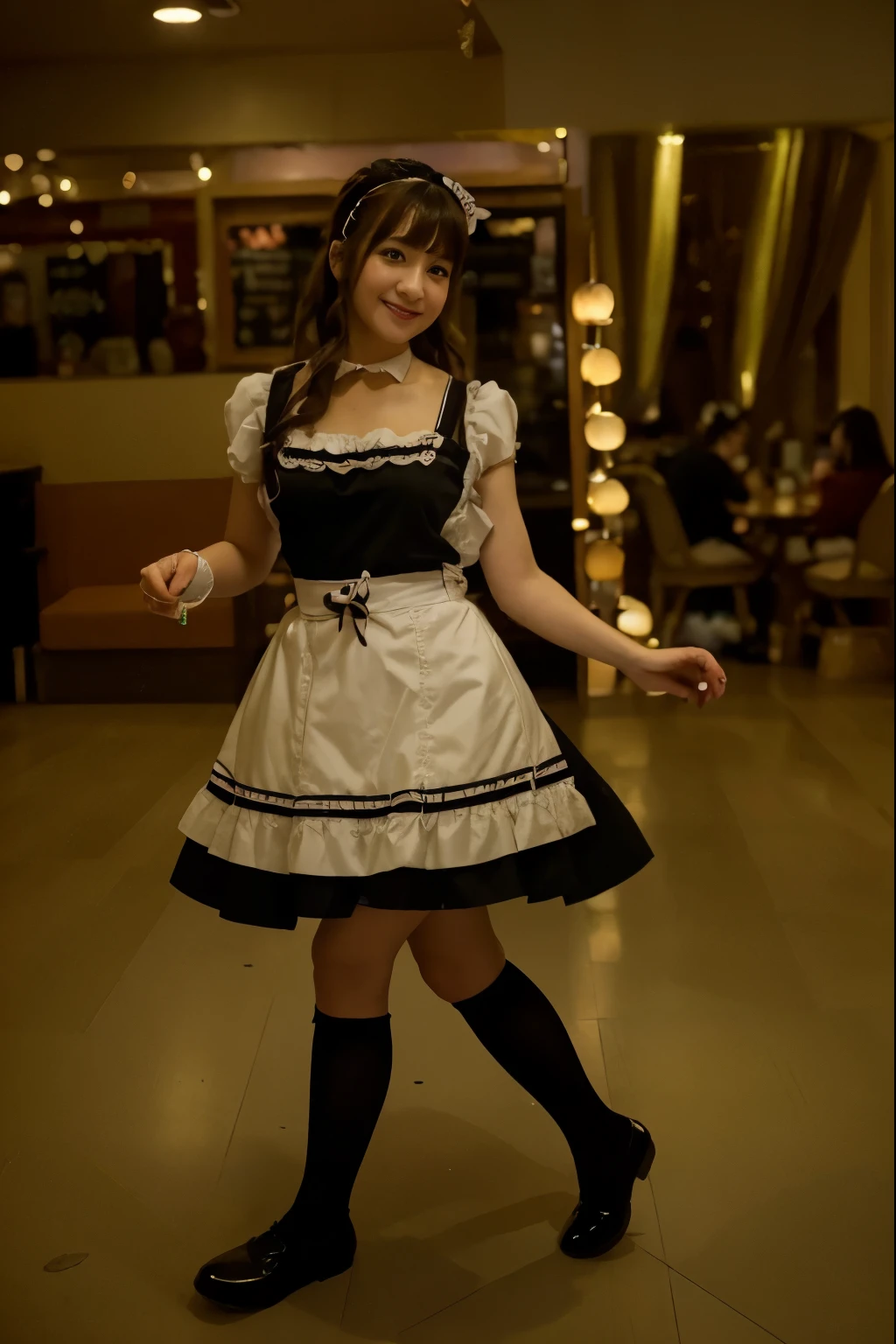 (Best quality, 8k, 32k, Masterpiece, UHD:1.2) "Transform the image into a charming and whimsical Maid Cafe situated in the vibrant district of Akihabara. Envision a cozy and welcoming cafe adorned with cute and elegant decor, showcasing the characteristic maid-themed ambiance. Highlight the maids' distinctive attire, featuring frilly dresses, aprons, and bows, while capturing their endearing and friendly interactions with patrons. Showcase the cafe's delightful atmosphere, with maid servers presenting adorable food and drinks. Incorporate elements like themed decorations, cute utensils, and colorful desserts to enhance the cafe's charm. Utilize a bright and inviting color palette to convey the cheerful and delightful ambiance of this unique cafe experience in Akihabara."