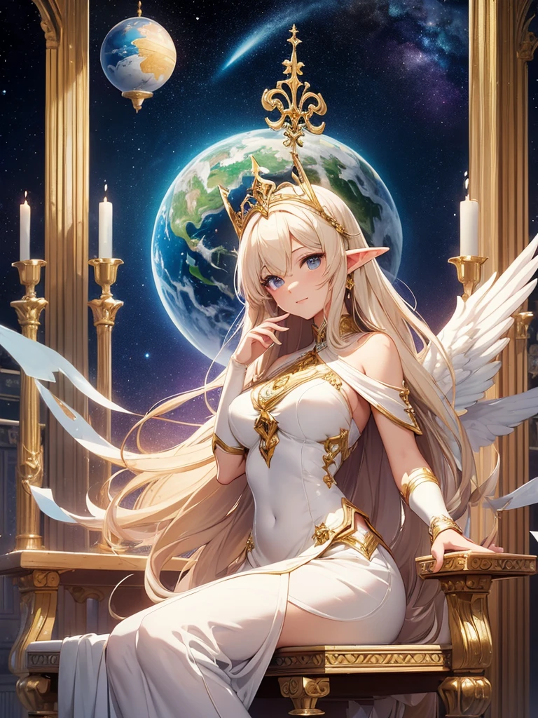 top-quality、Top image quality、​masterpiece、Super beautiful elf beauty((22year old、Angel big wings、giant archangel wings、Best Bust、big bast、Bust 90,beautiful long ironed hair、a blond、globe、、A slender、a closeup、Esbian、beautiful tiara、hiquality、Beautiful Art、Background with((starrysky)))masutepiece、visualart、depth of fields、low angle of morning sky、、Elven ears、、light magic、Space Knight、harp melody🎵、Happy smile、Gentle light、、Beautiful legs that are gentle on the skin、、、Number of fingers to achieve precise finger movements、ticker beautiful decorative white dress、elegent、Mystical　Rosa、　Heaven、Marble pillars, beautiful dressy、magnificent marble dome、Huge galaxy、religious painting、holding the earth、Temple of Time、Great watch、hour glass、sundial、moment of creation！myth、alphonse mucha art、art noveau、byzantine art、folding screen picture、gold foil、Raphael paintings、Renaissance art