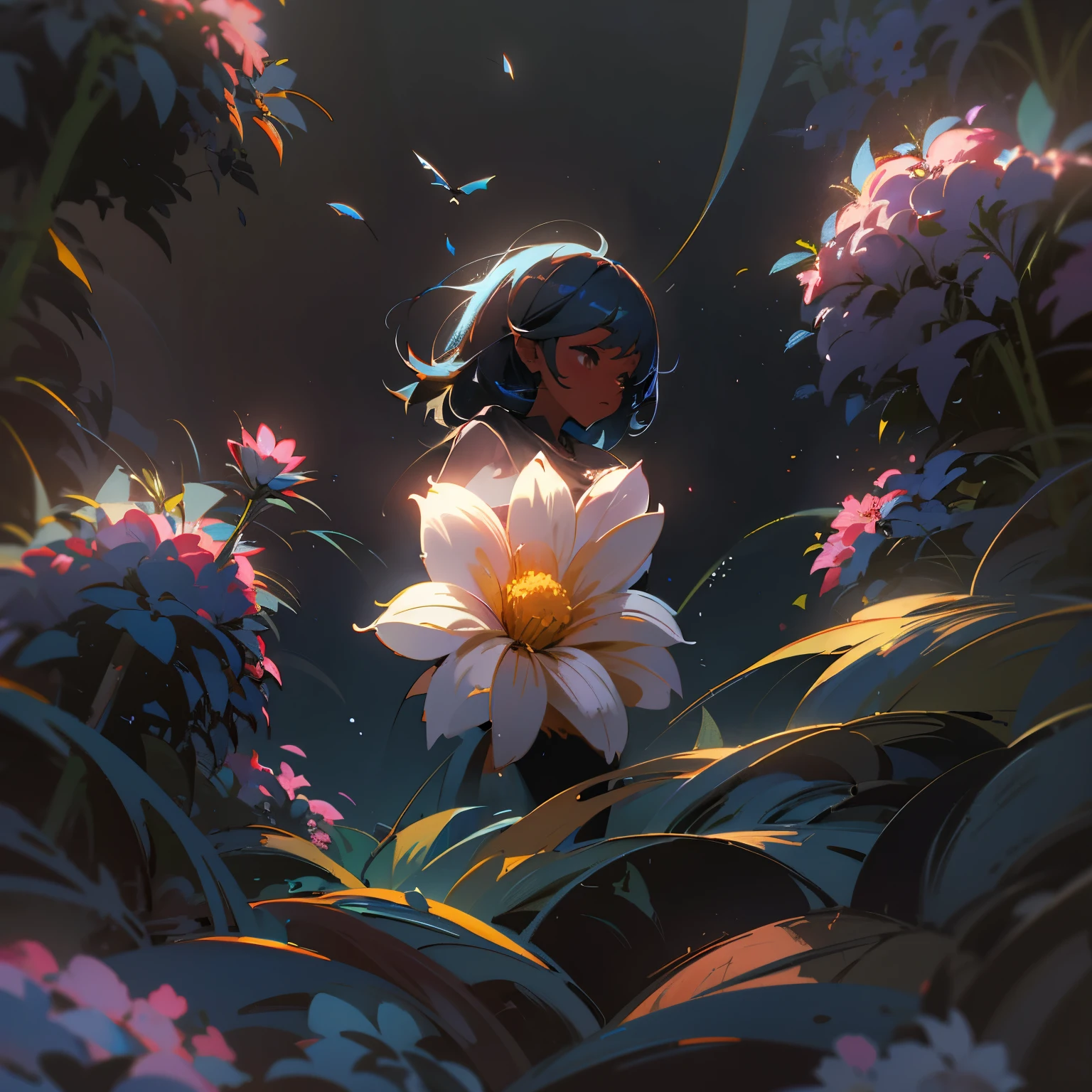 Little cute flower spirit on a flower, (dark skin), solo,  concept art, fantasy art, matte in the style of alena aenami,by yanjun cheng, sunny, hyperrealism, cinema 4d, beautiful, mysterious, elemental, ethereal, elementl, high resolution