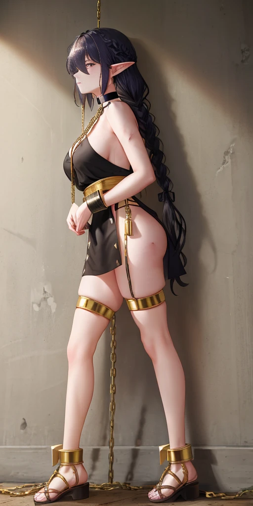 Female, standing, straight, 1girl, elf, green wavy hair, from above, medium breasts, suspended by arms, head down, POV, from the side, (dirty, bruise:1.2), cave floor, tiedup, rope, (Masterpiece), full body of a female, big breast, detailed face, full portrait, standing straight, shackles on arms and legs, black chocker on neck, SFW, WHITE TOGA, golden chains hands, golden chains legs, lascivous face, embarrassed, red cheeks, braid black hair, BLINDFOLDED, looking at viewer, handcuffs on their hands, with a collar around the neck, slave, feet up positon, ((black choker, shackles on legs and arms)) show ass, hands on hips,