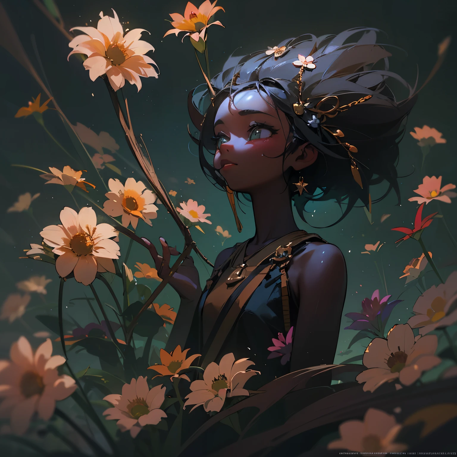 Little cute flower spirit on a flower, (dark skin), solo,  concept art, fantasy art, matte in the style of alena aenami,by yanjun cheng, sunny, hyperrealism, cinema 4d, beautiful, mysterious, elemental, ethereal, elementl, high resolution