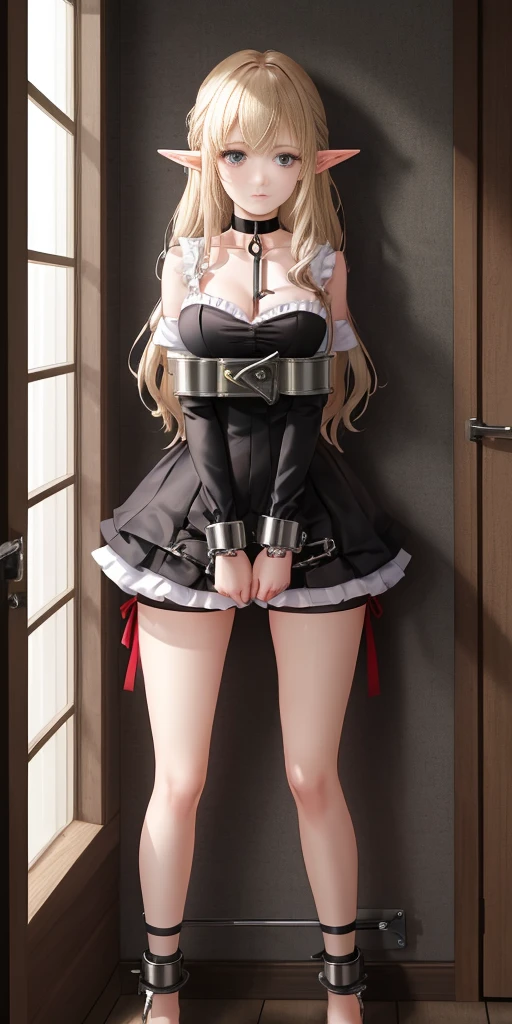 Female, standing, straight, 1girl, elf, looking at viewer, handcuffs on their hands, with a collar around the neck, slave, feet up positon, ((black choker, shackles on legs and arms)) show ass, hands on hips,