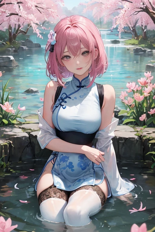 tmasterpiece、need、1female、Blue cheongsam，Ancient style China、 White cloth is good, good, good、brunette color hair、Shoulder leakage、The chest is large、chubbiness、ssmile、white colors吊带裤袜、lace leggings、white colors、pale pink lip、Spring water，hot springs，Pose in the water，playing water，（drenched all over the body，Pink breasts，Pink tits，Pink），secretly underwater，legs are open，，，Confused eyes，One leg up，One word horse