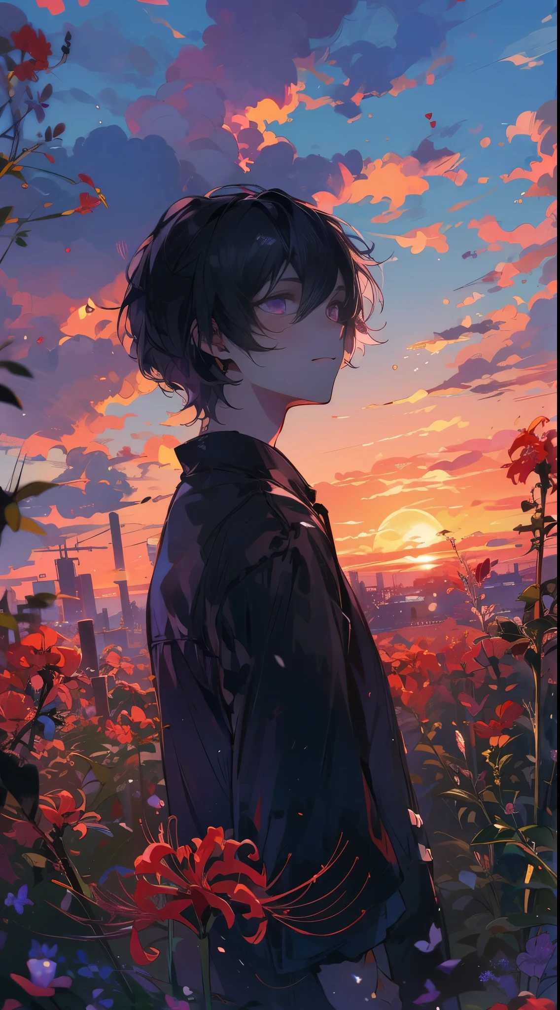beautiful young man, black hair, black blouse, purple eyes, have red spider lily, standing under a beautiful sunset sky, soft sunset light, calm and romantic atmosphere,high quality, amount of drawing, pixiv illustration