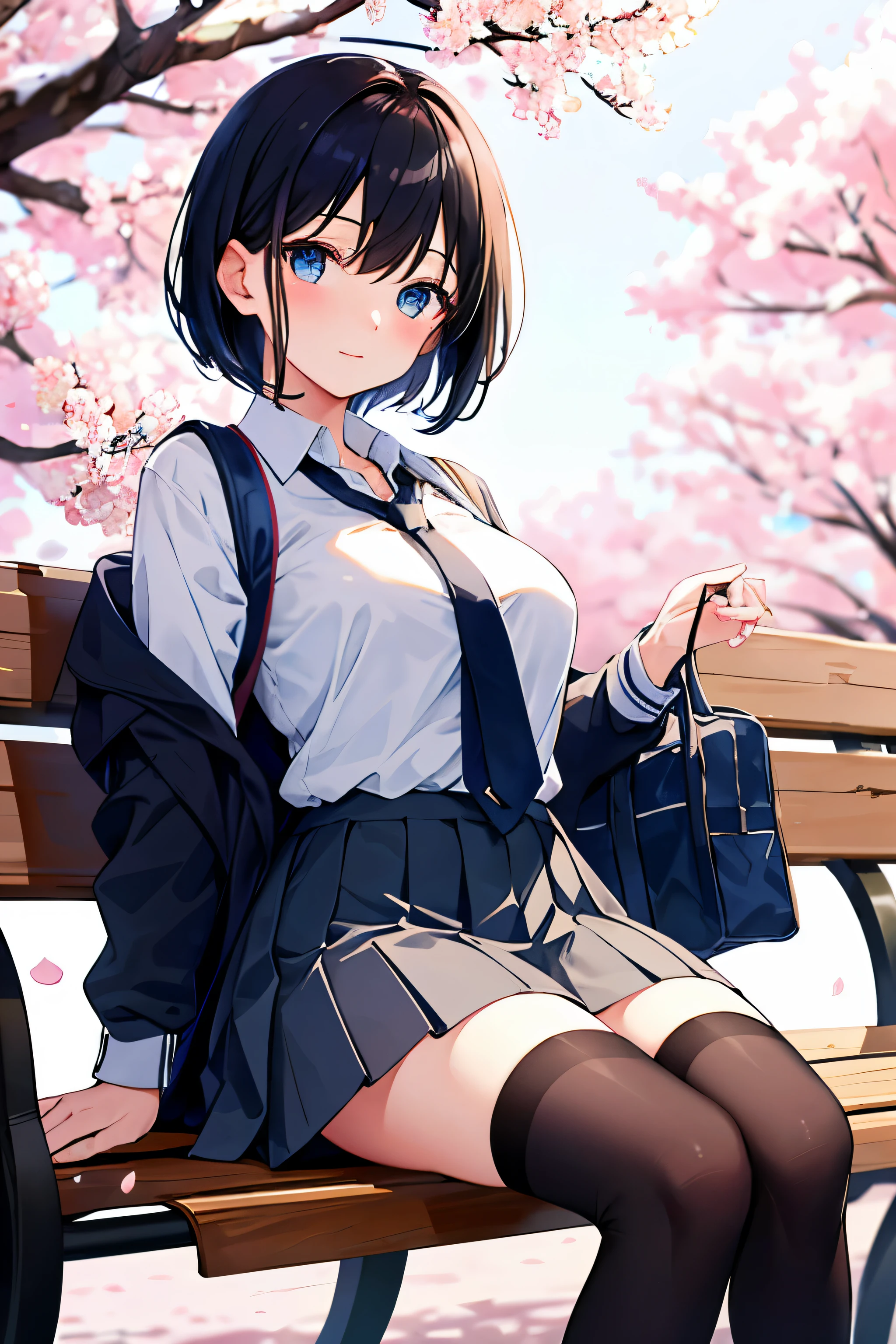ultra - detailed,Extremely Delicately Beautiful,female student,Cherry blossoms falling in the background,Girl sitting on a park bench,wear in stockings,Have beautiful eyes,fleet style,oppai,jpn,with short black hair,black ribbon tie,depth of fields,Holding a black fan in his hand,Put a school bag next to it