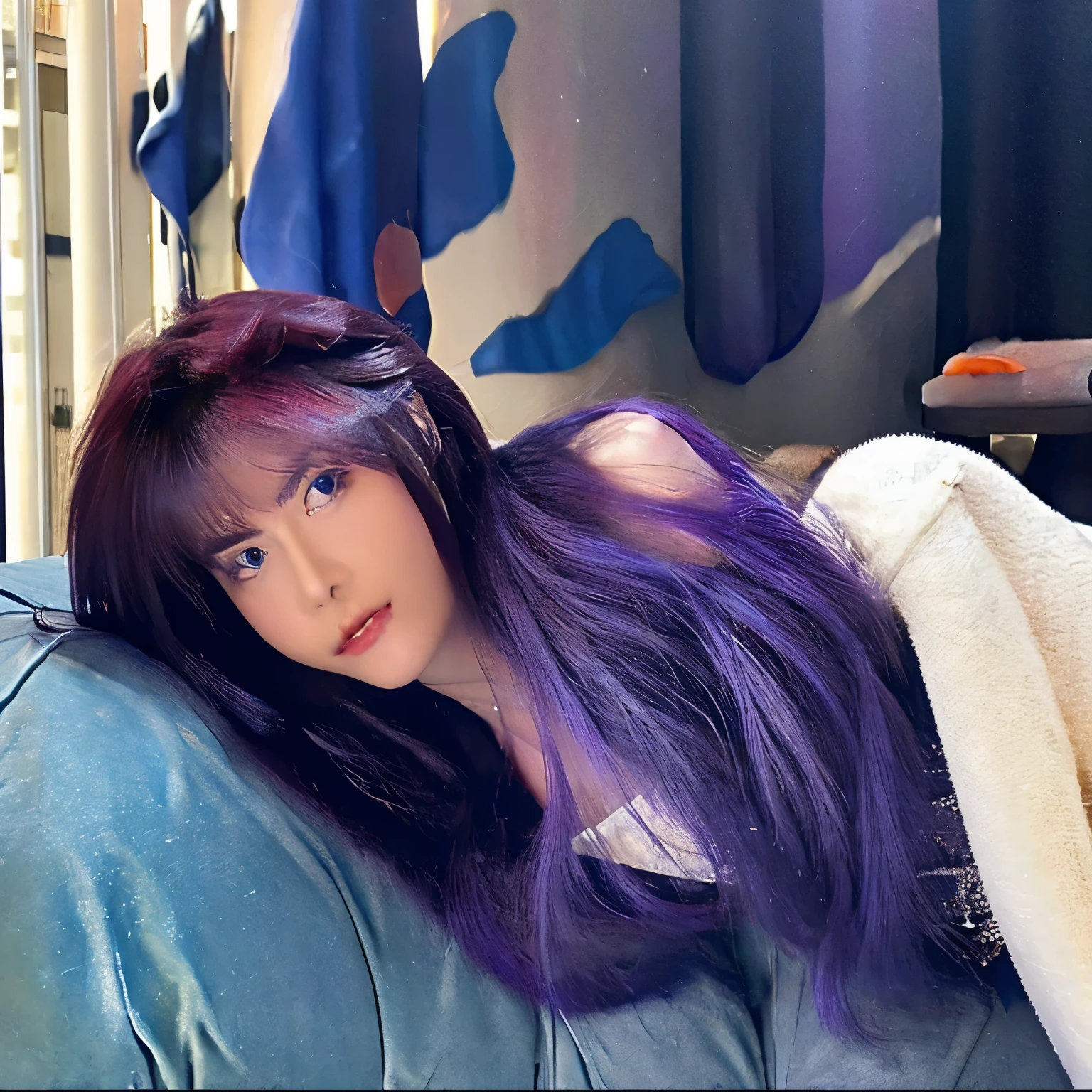 beautiful girl with dark purple hair, blue eyes and straight hair Like princess Aurora