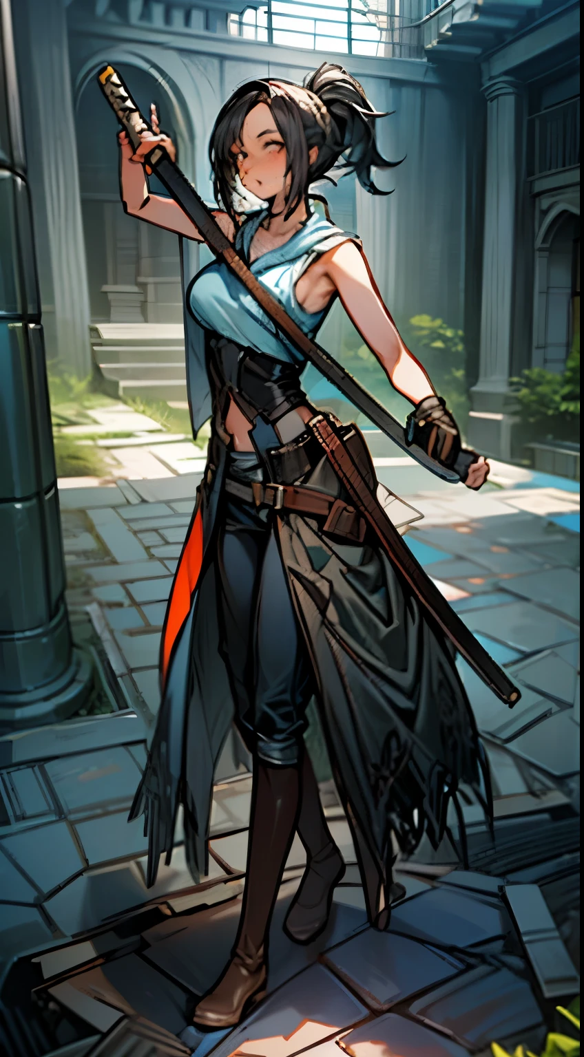 A beautiful female swordsman standing in the dark dungeon, mossy, damp, fullbody, solo, Female, tall, beautiful, black hair, ponytail, long bangs, insanley detailed face and eyes, blue eyes, glasses, Perfect lips, light smile, big breast, (sleeveless, bare shoulder, leather vest, long leather robe, leather pants, boots, gloves ), hand up, hand holding katana, looking to viewer, masterpiece, Aesthetic, dark vibes,