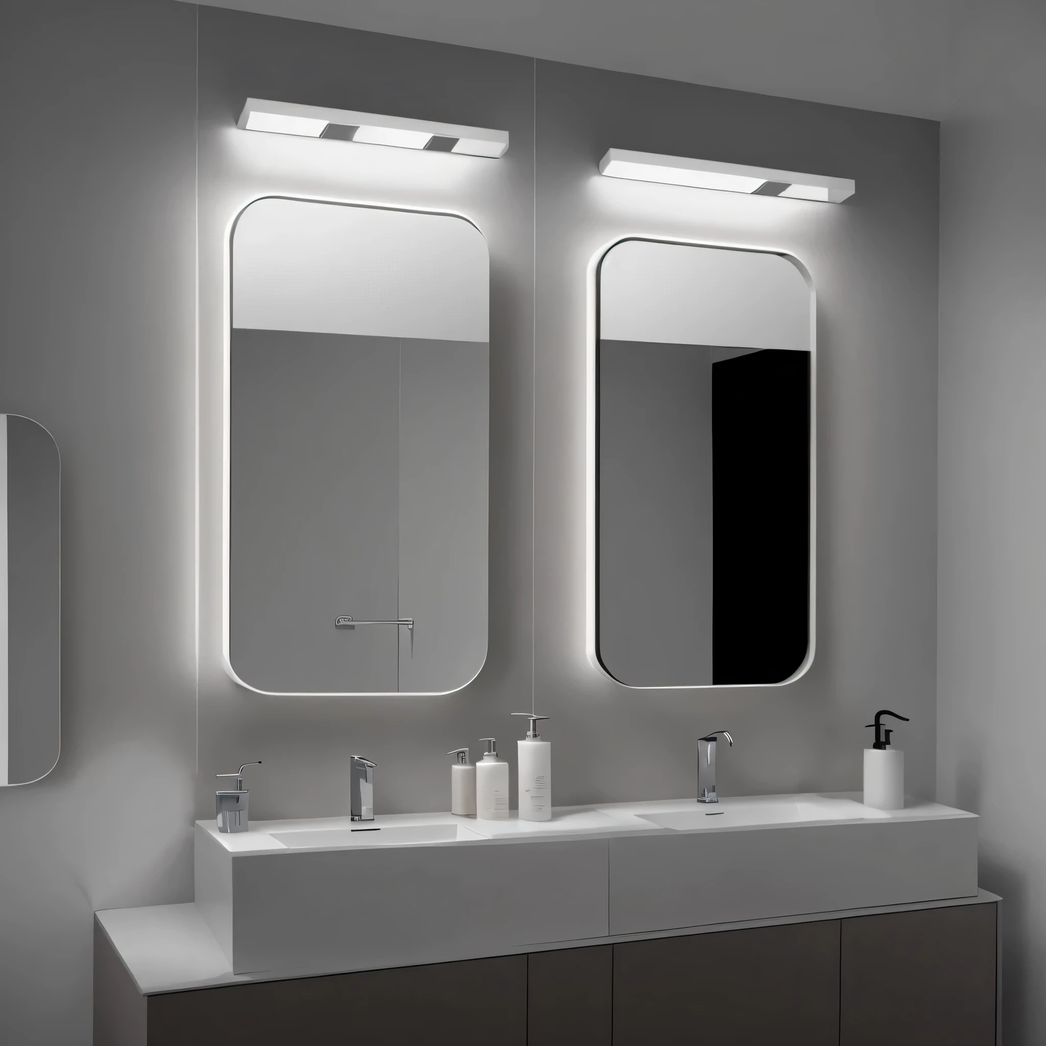 There are two sinks in the bathroom,There are two mirrors on it, rectangle, Equipped with professional lighting, Modern look, Sunken, Made entirely of white tiles, Stylish design, Originality and design, rendering, Detailed pubic hair, Subtle but eye-catching lighting, thorough, maximalist, lead, in bathroom, clean and pristine design, Beautiful Elegant, absolutely gorgeous