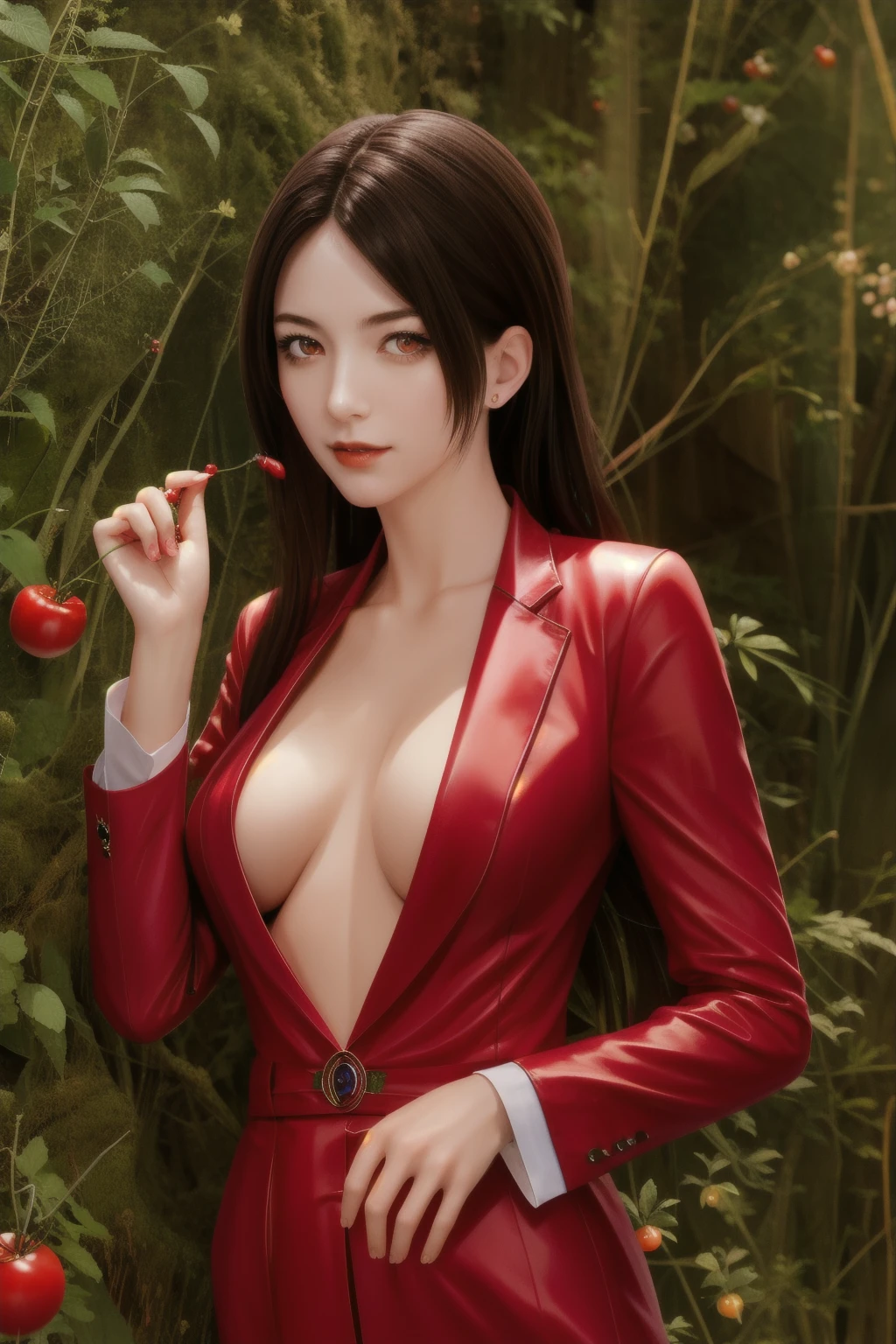 a girl with long hair, in a red suit consisting of tomatoes and cherries, lots of details, greenery, close-up, hyperdetalization, Greg Rutkowski style