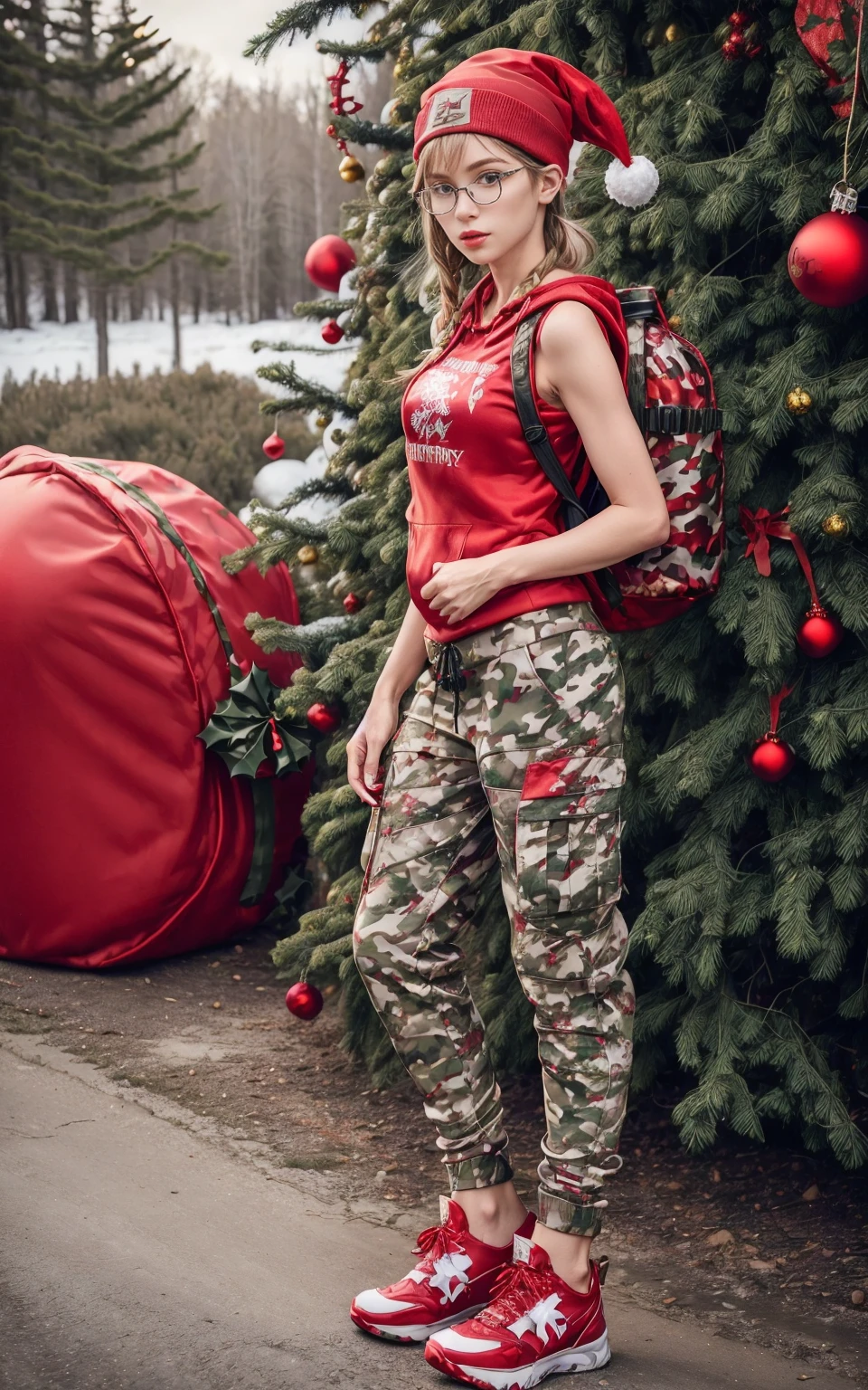 (8K, Masterpiece, RAW photo, Best quality, detail:1.3), (ultra realistic Christmas background, scenary:1.5), Depth of field, Cinematic light, (ultra realistic face), (1 picture of 1 girl Airim Jones:1.4), 1girl, (Beautiful and elegant Russian girl), (skinny girl with glasses), (European face:1.3), (perfect complete full body:1.5), (small necklace, collarbone:1.1), ( [braids|bangs|ponytails|pigtails|bob|pixie] hair:1.5), (ultra detailed skin:1.4), (sexy red Christmas outfit:1.6), (Santa red hat:1.5), (Graphic Hoodie with Cargo Pants, Camo print backpack, beanie, Chunky sneakers:1.5), (perfect standing pose:1.5), (perfect long legs:1.4)