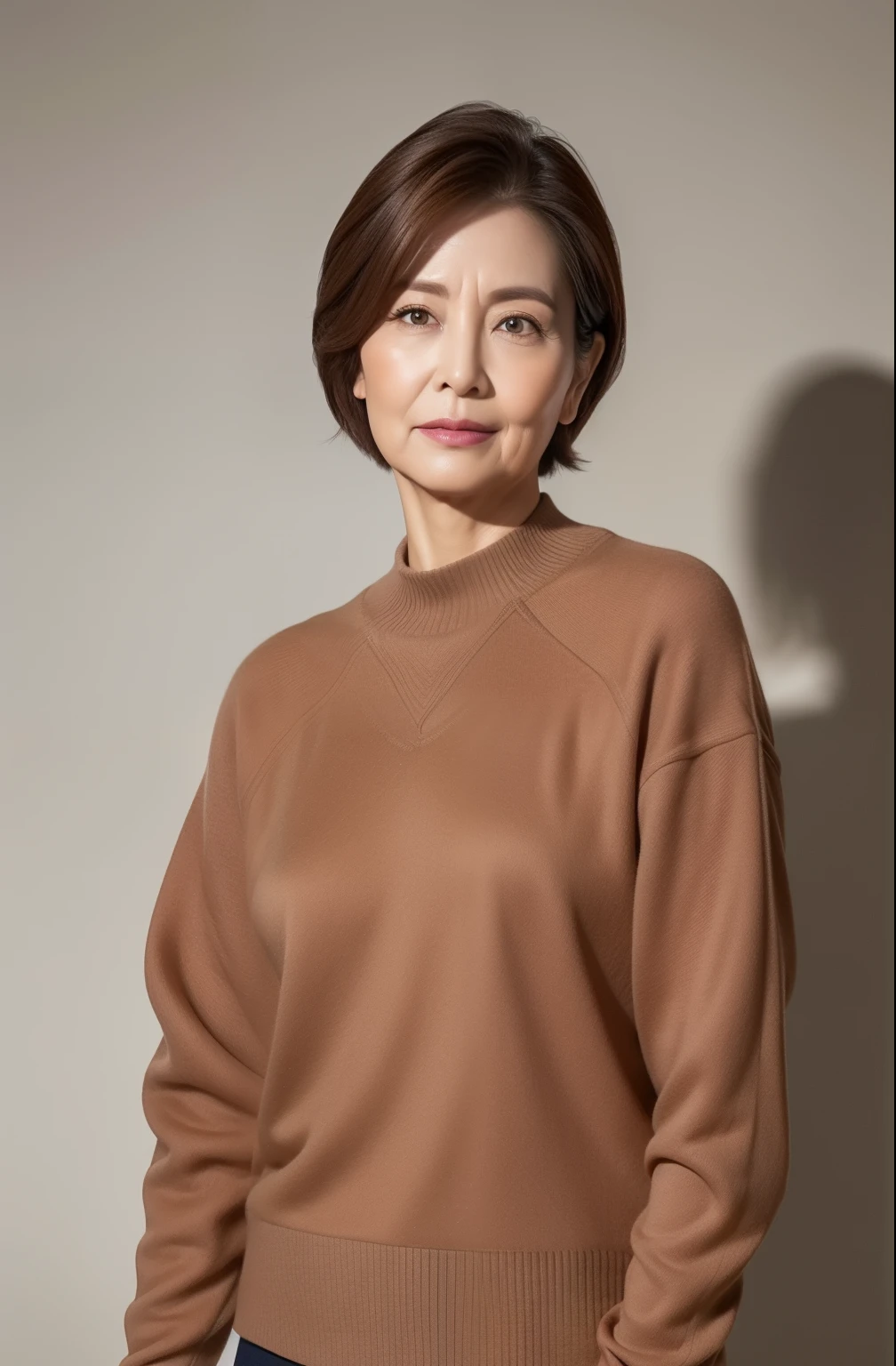 hight resolution, high-level image quality, high detailing, ​masterpiece, Textured skin, tre anatomically correct, sharp, greybackground((japanese mature, 65 years old)), 独奏, ((Wrinkles on the face)), large breasts with good shape, Straight light brown hair that reaches to the shoulders, chubby figure (((Stand upright, facing the center of the screen.))), Close your mouth and look straight ahead with a serious face, Sweaters, skirt by the, ((cowboy  shot)),