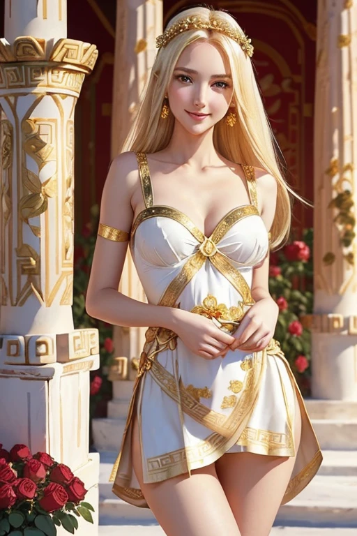 beautiful coquettish venus, slender female, symmetric eyes, smiling enchantingly, (((wearing gold-white greek clothes))), (((gorgeous blonde, small bust, narrow waist, beautiful legs))), (((looking at viewer, blushing cheek))), (((against sun, in red roses))), highly detailed