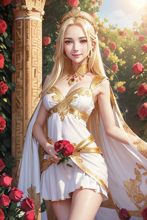 beautiful coquettish venus, slender female, symmetric eyes, smiling enchantingly, (((wearing gold-white greek clothes))), (((gorgeous blonde, small bust, narrow waist, beautiful legs))), (((looking at viewer, blushing cheek))), (((against sun, in red roses))), highly detailed