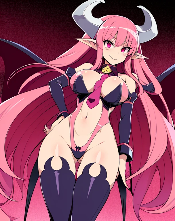 Succubus,long pink hair,demon horns,demon tail above buttocks, pointy ears, solo, standing, hands on hips, smiling,
SucGear,thigh high boots ,detached sleeves ,cleavage,necktie with bell,bat wings on upper back,panties,revealing clothes ,elbow gloves ,
outer space, town, stars,
(insanely detailed, beautiful detailed face, masterpiece, best quality)