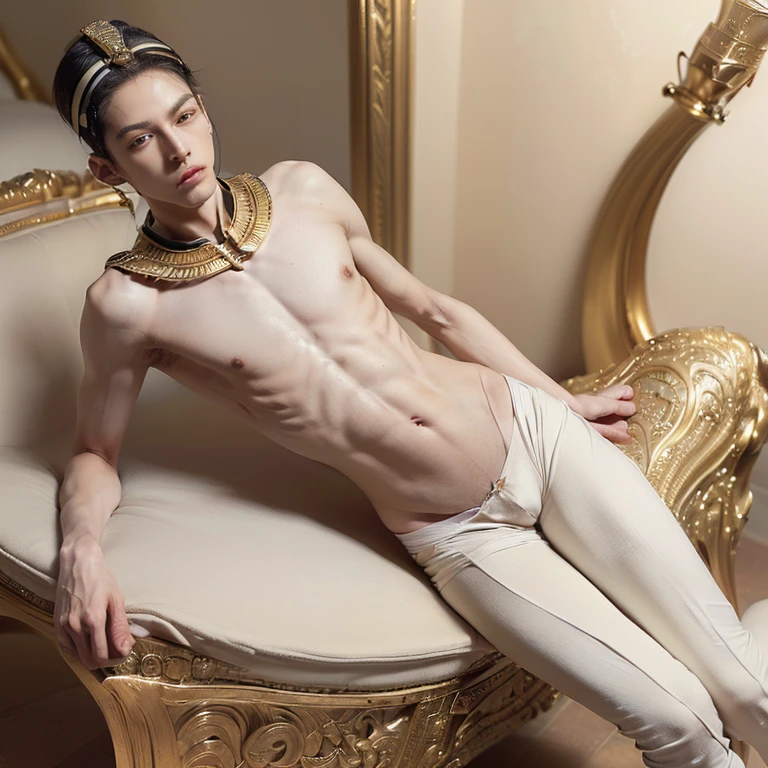 (masterpiece, hyperrealistic:1.35), (1boy, ageless beautiful slender androgynous male pharaoh, depraved breeder, groin pain, beautiful eyes, flat chest, male crotch bulge, soft belly, curvy hips:1.5)