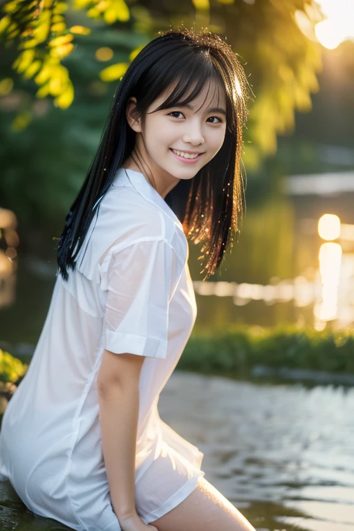 ((​masterpiece))), (One beautiful Japan girl, classmates, Neat and innocent，((cute hairstyle black hair :1.4)) ，超A high resolution, Realistic, ultra-detailliert, 8K,top-quality, Extremely detailed, Detailed background,A slender,very beautiful japanese girl, Detailed face:1.3), , (a baby face，Cute,adorable girl)，masutepiece, High resolution, Bursting smile，Show your beautiful teeth，facing the front there，Eyes are double, high-level image quality, High quality、Detailed background、early evening、The fresh air after the rain、Rain-soaked hair、White shirt wet in the rain，4 fingers, 1 thumb、Detailed female face、Dark blue pleated miniskirt，beautiful thigh，cute and attractive pose、Cheeks shining in the setting sun，softfocus , bright and gentle light , lensflare ,Dreamy , Wet in the rain, clothes that cling to one's body、(Black bra shows through)、(((Beautiful water background、basking in the bright sunset)))，Clear air，posterior view、Enlarge the buttocks、Looking up from the ground