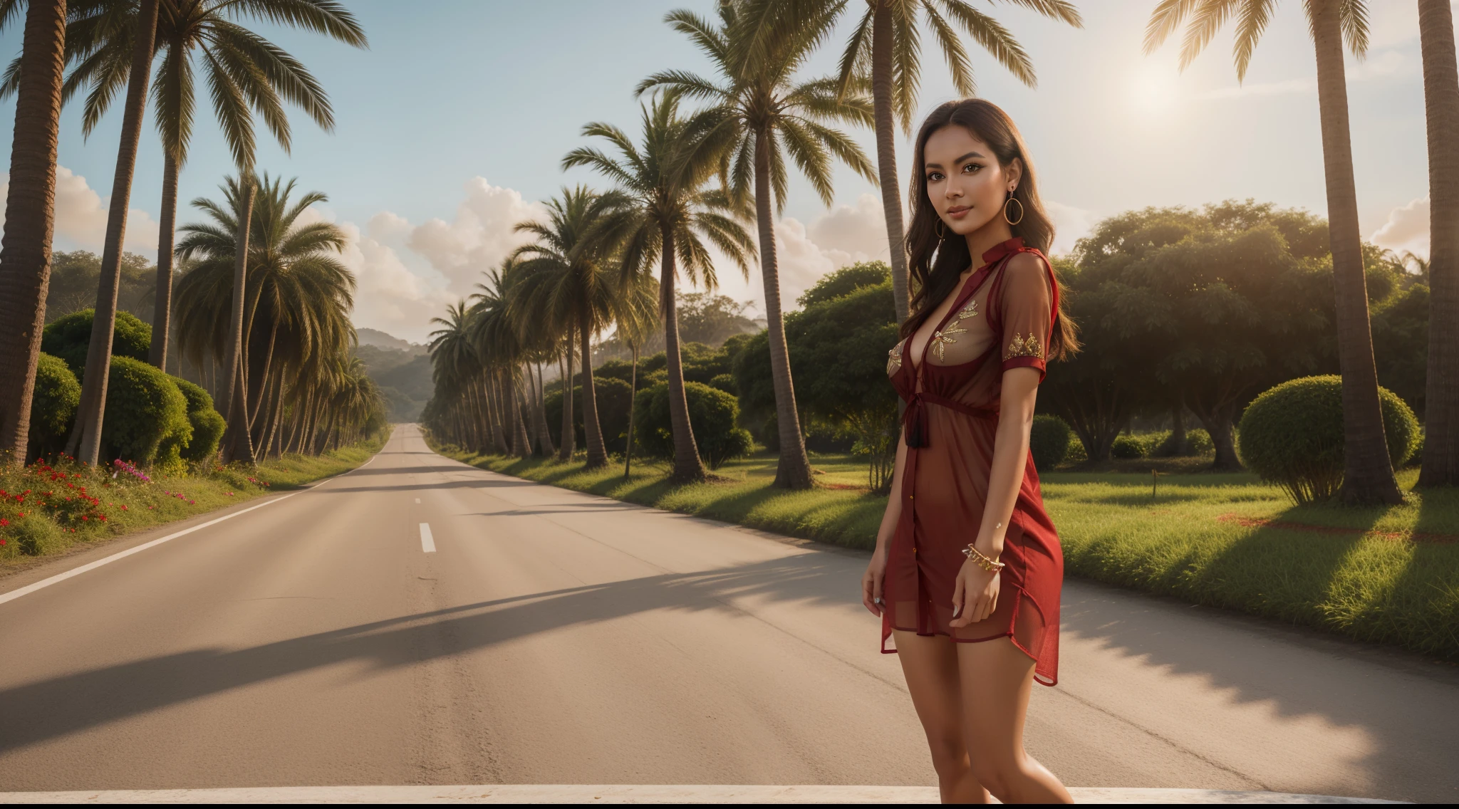 ((a girl (stand:1.2) (alone:1.6) on the road)),((full-body portrait:1.2, cinematic-shot)),(best quality,4k,8k,highres,masterpiece:1.2),ultra-detailed,(realistic,photorealistic,photo-realistic:1.37),(beautiful and aesthetic:1.2),(film grain:1.3).

[(1girl),(solo),((1 person)),(19years-old),[Raiana-Elizabeth-Dilla],pearl skin,(skin pores:1.1),beautiful detailed eyes,beautiful detailed lips,extremely detailed eyes,longeyelashes,extremely detailed face and skin texture,(skin texture:1.1),black hair,tall and slender body,(192cm tall),thin and delicate figure,graceful posture,flawless skin,defined abs,perfect curves,feminine appearance,beautiful long legs,embodying elegance and beauty,(cleavage breasts,large breasts:1.4),((wearing a sexy see-through ((ultra-short ((red)) bohemian-style mini-shirt-dress)):1.4),extremely detailed and realistic (red) clothes,(shiny skin),((sharp focus:1.5)),(earringeathers:1.5),(happy expression,full smile)].

[Indonesian country road,vibrant green rice fields,verdant tropical landscape,bright blue sky with fluffy white clouds,sunlight filtering through the tall palm trees,soft warm breeze,traditional wooden houses in the background,colorful flowers blooming along the road,carrying a woven basket filled with fresh fruits,butterflies dancing around her,peaceful and serene atmosphere,harmonious blending of nature and culture,rich and vibrant color palette, with warm earth tones and pops of bright colors,soft golden hour lighting,highlighting the girl's natural beauty and illuminating the surrounding scenery].

Official art,extremely detailed,Angelic ethereal beauty,award-winning photography,professional photography,depth-of-field.
