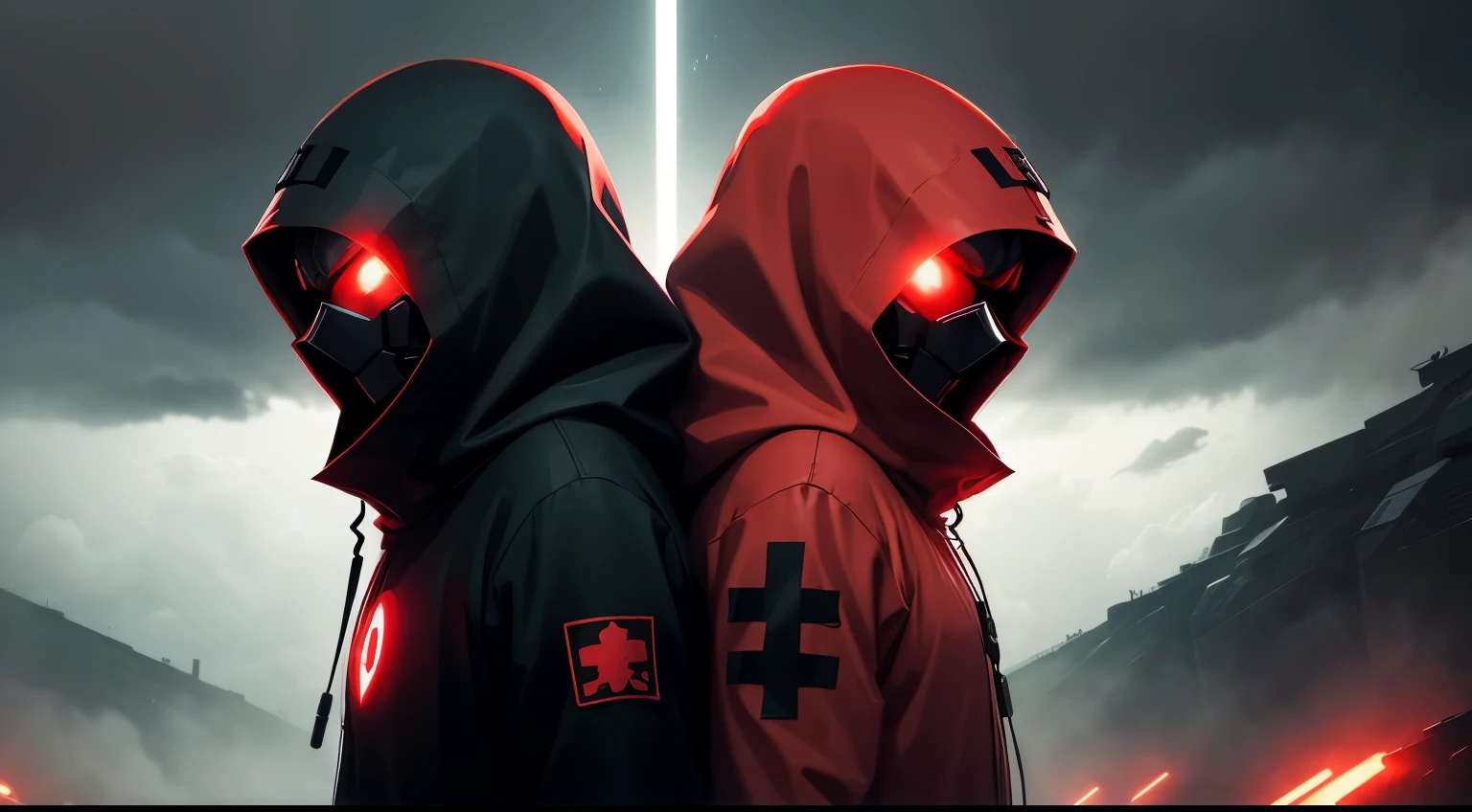 2  hooded anime soldiers, with glowing red eyes, in a cloudy and dark place with a lot of fog between the soldiers, The style is surreal, manga, and anime.