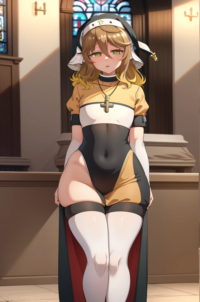 amicia michella - nijisanji, anime style, 1girl, brown short hair, yellow inner hair, wavy hair, green eyes, detailed eyes, girly face, blushed, seductive, wide hips, thick thighs, huge round ass, flat chested, full flat chest, nun, nun costume, nun dress, necklace, cross necklace, full body, church, praying pose, absurdres, high res, ultrasharp, 8K, masterpiece, looking at viewer