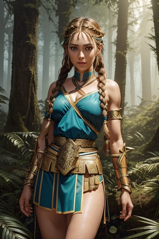 beautiful barbaric amazon, slender female archer, symmetric eyes, (((wearing greek armor))), (((braided hair, small bust, narrow waist, beautiful legs))), (((looking at viewer))), (((in forest))), highly detailed