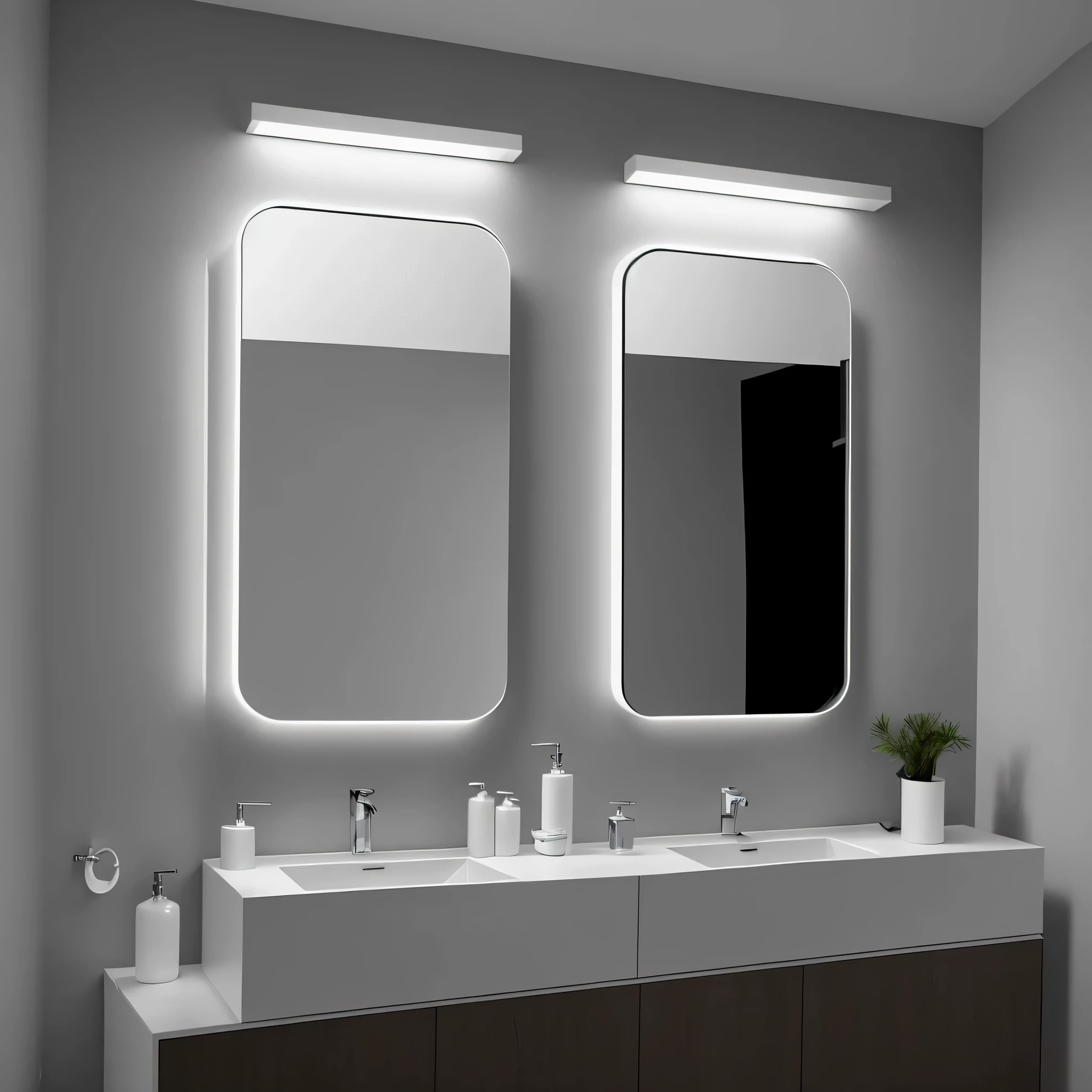 There are two sinks in the bathroom，There are two mirrors on it, rectangle, Equipped with professional lighting, Modern look, Sunken, Made entirely of white tiles, Stylish design, Originality and design, rendering,  Subtle but eye-catching lighting, thorough, maximalist, lead, in bathroom, clean and pristine design, Beautiful Elegant, absolutely gorgeous