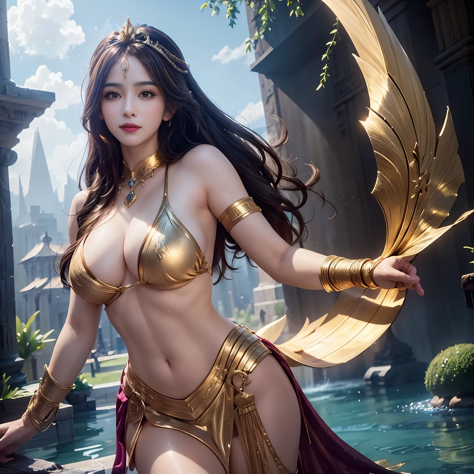 (Masterpiece)With an enchanting aura, The Egyptians Goddess (toplesull shot) ,This remarkable image, beautifully captures the mythical deity's ethereal presence ,a dynamic pose ., photorealistic ,hyper-realistic , vertical pose , 8K , Cinematic Light