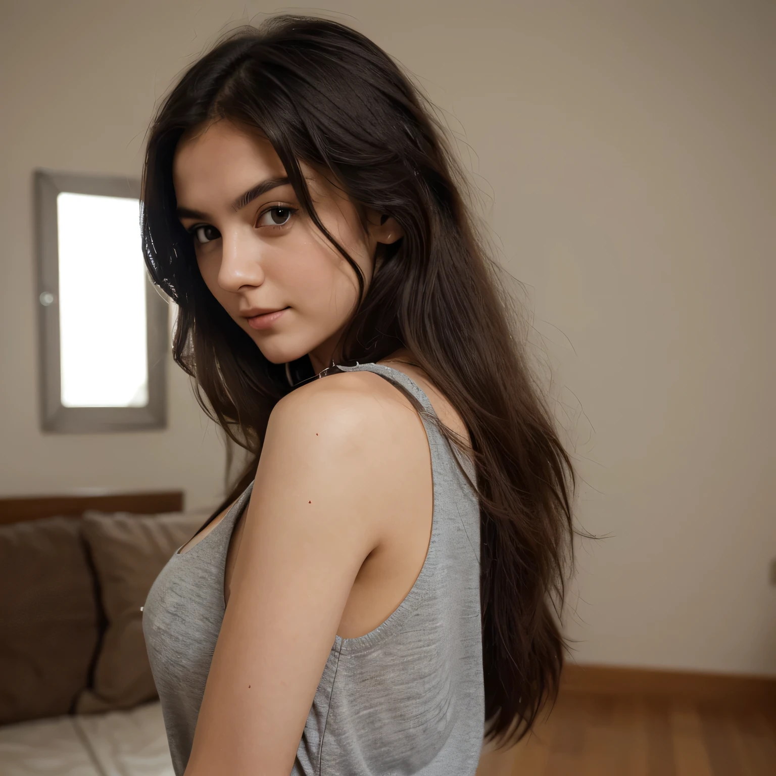 Masutepiece、highest qualityr、high resolusion、Eleonora Pavinato, 23 years old, Younger headshot, looking cute, cute pose, Beautiful busty girl, Black long hair, cute pose from the side, wearing casual clothing