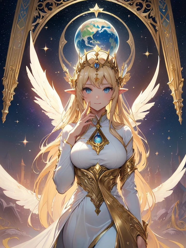 top-quality、Top image quality、masterpiece、Super beautiful elf beauty((22year old、Angel big wings、giant archangel wings、Best Bust、big bast、Bust 90,beautiful long ironed hair、a blond、globe、、A slender、a closeup、Esbian、beautiful tiara、hiquality、Beautiful Art、Background with((starrysky)))masutepiece、visualart、depth of fields、low angle of morning sky、、Elven ears、、light magic、Space Knight、harp melody🎵、Happy smile、Gentle light、、Beautiful legs that are gentle on the skin、、、Number of fingers to achieve precise finger movements、ticker beautiful decorative white dress、elegent、Mystical Rosa、 Heaven、Marble pillars, beautiful dressy、magnificent marble dome、Huge galaxy、religious painting、holding the earth、Temple of Time、Great watch、hour glass、sundial、moment of creation!myth、alphonse mucha art、art noveau、byzantine art、folding screen picture、gold foil、Raphael paintings、Renaissance art