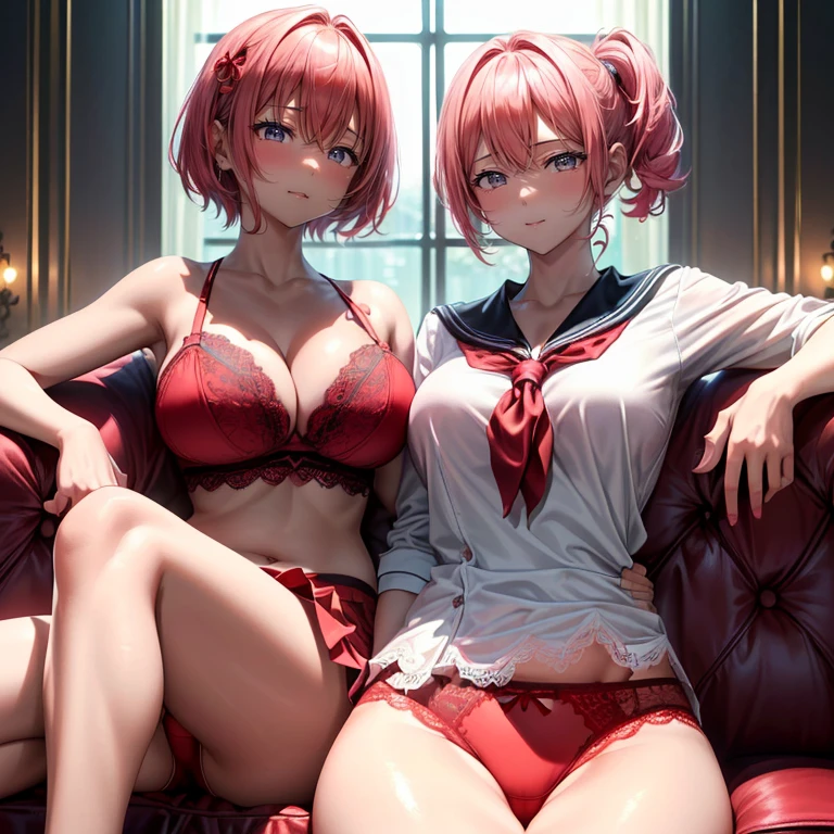(top-quality,High resolution,(Ultra high definition,4K), (超A high resolution,in 8K),masutepiece:1.2), (Perfect Anatomy,Anatomically accurate), (Angle from below), (Soft lighting, rendered), ((cute mother and daughter)), ((Sitting on a sofa in the lobby of a luxury hotel, turned around)), ((High School Sailor Uniform)), ass forcus, (Red lace panties), (fascinated expression), (Crisp double eyelids), (Large breasts:1.3), (Soft skin), (Photorealistic), (Glowing skin), (pinkhair), (Pixie Cut)