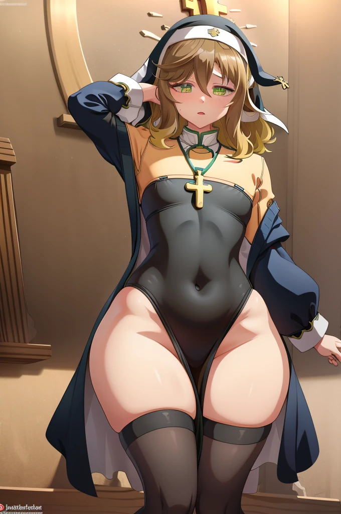 amicia michella - nijisanji, anime style, 1girl, brown short hair, yellow inner hair, wavy hair, green eyes, detailed eyes, girly face, blushed, seductive, wide hips, thick thighs, huge round , flat chested, full flat chest, nun, nun costume, nun dress, necklace, cross necklace, full body, church, praying pose, absurdres, high res, ultrasharp, 8K, masterpiece, looking at viewer