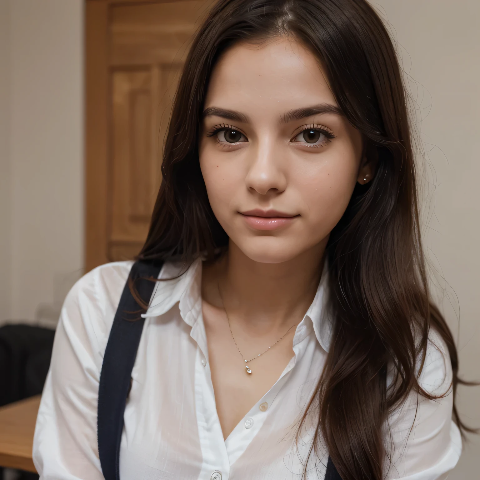 Masutepiece、highest qualityr、high resolusion、Eleonora Pavinato, 23 years old, Younger headshot, looking cute, cute pose, Beautiful busty girl, Black long hair, cute pose, wearing school uniform