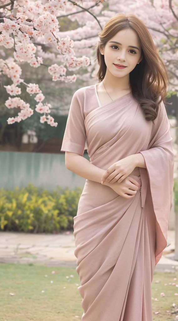 (best quality,4k,8k,highres,masterpiece:1.2),ultra-detailed,(realistic,photorealistic,photo-realistic:1.37),Emma Watson in Indian Pink Saree,cute smile,shyness,extremely detailed face and eyes,beautiful detailed lips,soft and smooth light,detailed hands with long slim fingers,detailed costume with intricate patterns,full body view,traditional Indian garden as the background,vibrant colors,HDR lighting,peaceful ambiance,traditional art style,graceful poses,glimmering sakura petals in the air
