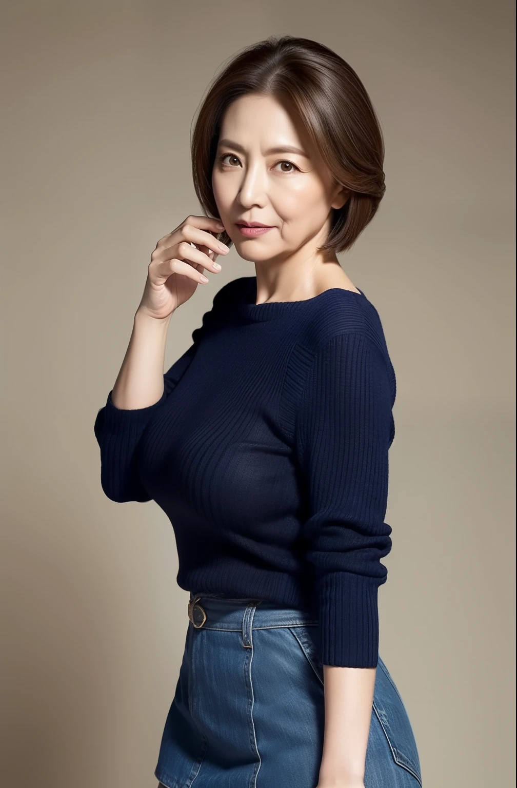 hight resolution, high-level image quality, high detailing, ​masterpiece, Textured skin, tre anatomically correct, sharp, greybackground((japanese mature, 65 years old)), 独奏, ((Wrinkles on the face)), large breasts with good shape, Straight light brown hair that reaches to the shoulders, chubby figure (((Stand upright, facing the center of the screen.))), Close your mouth and look straight ahead with a serious face, Sweaters, skirt by the, ((cowboy  shot)),