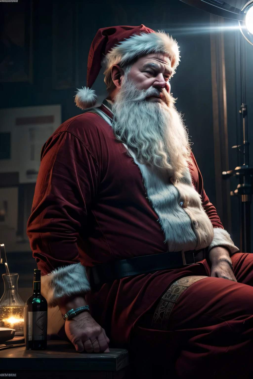 in the midlle of a snowy mountain an old drunk fat santa with a bottle of whiskey in his hand and a drunk smile on his face sitting, 4k, cyan rim lights, motion blur, soft lightning, Unreal Engine 5, Cinematic, Ultra-Wide Angle, Depth of Field, hyper-detailed, insane details, intricate details, beautifully color graded, Unreal Engine, Cinematic, Photoshoot, Shot on 25mm lens, Depth of Field, DOF, Tilt Blur, Shutter Speed 1/1000, F/22, White Balance, 32k, Super-Resolution, Megapixel, Pro Photo RGB, VR, Lonely, Good, Massive, Half rear Lighting, Backlight, Natural Lighting, Incandescent, Optical Fiber, Moody Lighting, Cinematic Lighting, Studio Lighting, Soft Lighting, Volumetric, Beautiful Lighting, Accent Lighting, Global Illumination, Screen Space Global Illumination, Ray Tracing Global Illumination, Optics, Scattering, Glowing, Shadows, Rough, Shimmering, Ray Tracing Reflections, Lumen Reflections, Screen Space Reflections, Diffraction Grading, Chromatic Aberration, GB Displacement, Scan Lines, Ray Traced, Ray Tracsing Ambient Occlusion, Anti-Aliasing, FKAA, TXAA, RTX, SSAO, Shaders, OpenGL-Shaders, GLSL-Shaders, Post Processing, Post-Production, Cell Shading, Tone Mapping, CGI, VFX, SFX, insanely detailed and intricate, hyper maximalist, elegant, super detailed, dynamic pose, photography, volumetric, ultra-detailed, intricate details, 8K, super detailed, ambient occlusion, volumetric lighting, high contrast, HDR