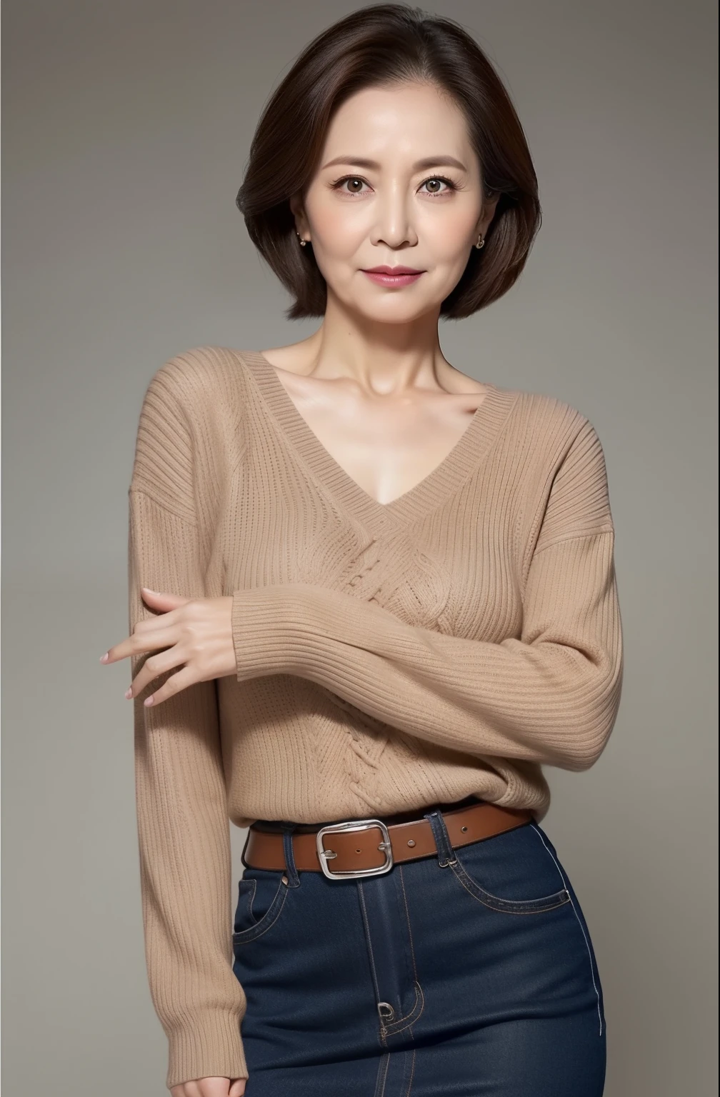 hight resolution, high-level image quality, high detailing, ​masterpiece, Textured skin, tre anatomically correct, sharp, greybackground((japanese mature, 65 years old)), 独奏, ((Wrinkles on the face)), large breasts with good shape, Straight light brown hair that reaches to the shoulders, chubby figure (((Stand upright, facing the center of the screen.))), Close your mouth and look straight ahead with a serious face, Sweaters, skirt by the, ((cowboy  shot)),