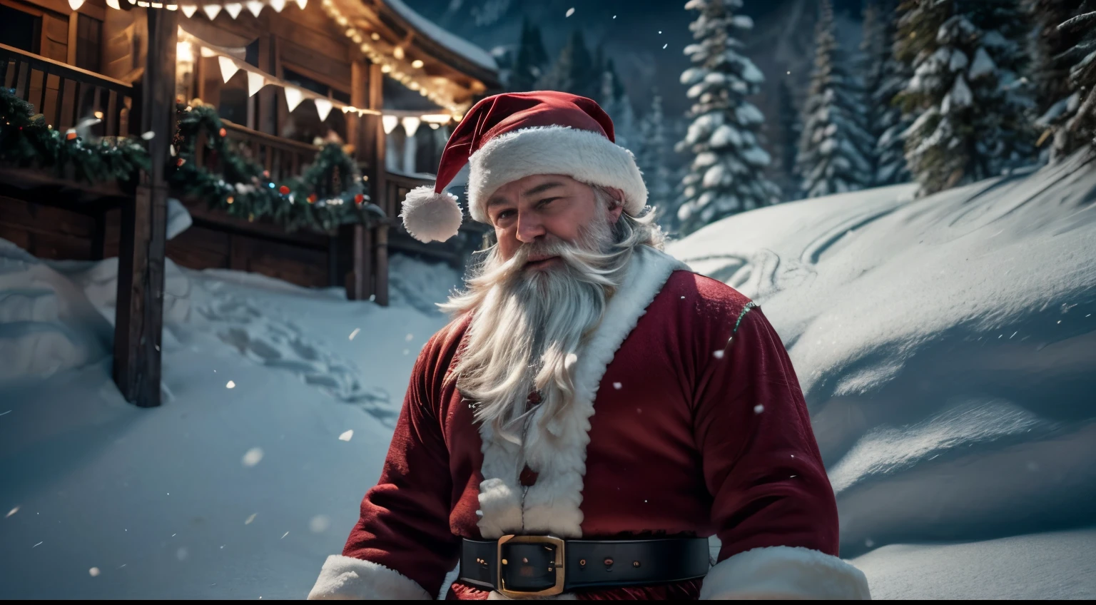 Step into the heart of a snowy mountain, capturing the festive antics of an exuberant, whiskey-wielding Santa in hyper-realistic 4K grandeur. Enveloped in cyan rim lights, motion blur, and soft lighting for cinematic allure. Unleash Unreal Engine 5's cinematic prowess, complemented