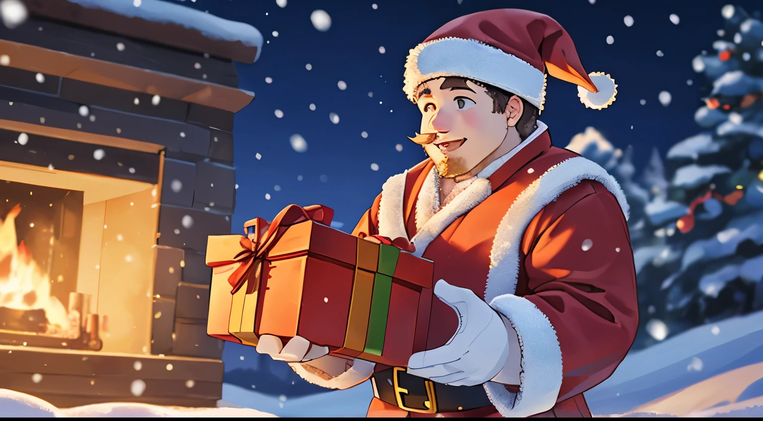 young ??? giving santa claus gift, night, snow, blurry background