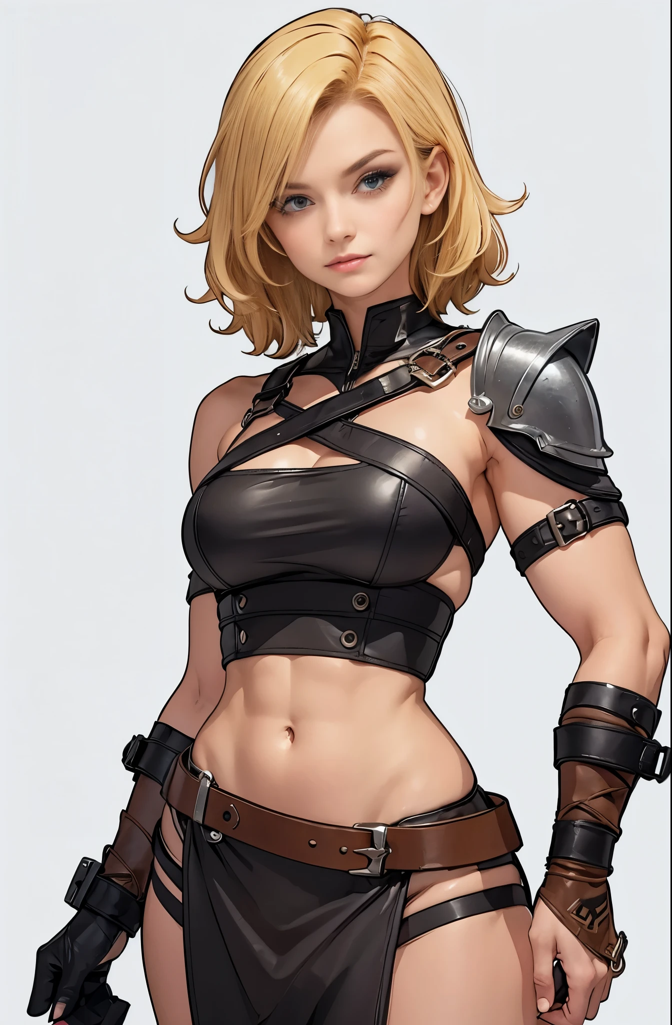 Lithe blonde knight woman, defined muscles, short wavy hair, barbarian queen, leather, straps, enslaved, dressed in rags, blank background, white background