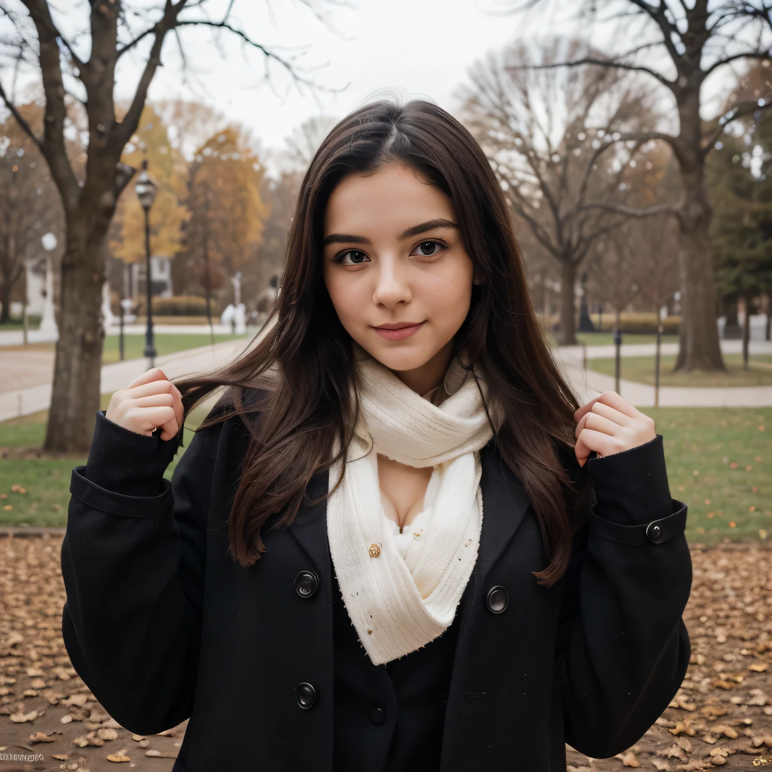 Masutepiece、highest qualityr、high resolusion、Eleonora Pavinato, 23 years old, Younger headshot, looking cute, cute pose, Beautiful busty girl, Black long hair, cute pose, wearing winter clothing in the park