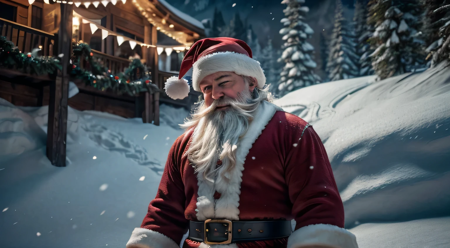 Step into the heart of a snowy mountain, capturing the festive antics of an exuberant, whiskey-wielding Santa in hyper-realistic 4K grandeur. Enveloped in cyan rim lights, motion blur, and soft lighting for cinematic allure. Unleash Unreal Engine 5's cinematic prowess, complemented