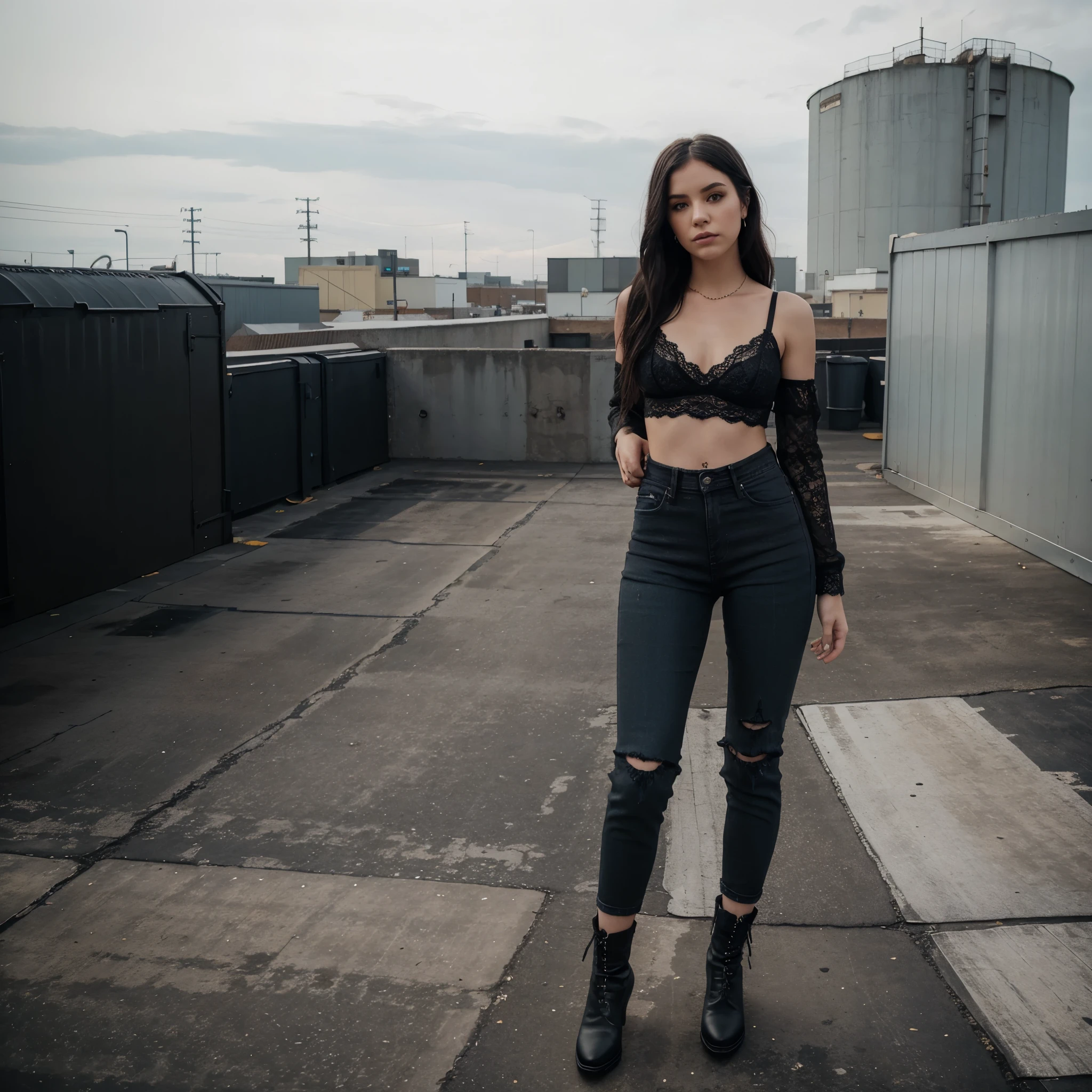 Emo girl named olivia blackwell on an industrial roof wearing Black lace bralette, high waisted dark jeans, ankle boots, and simple jewelry