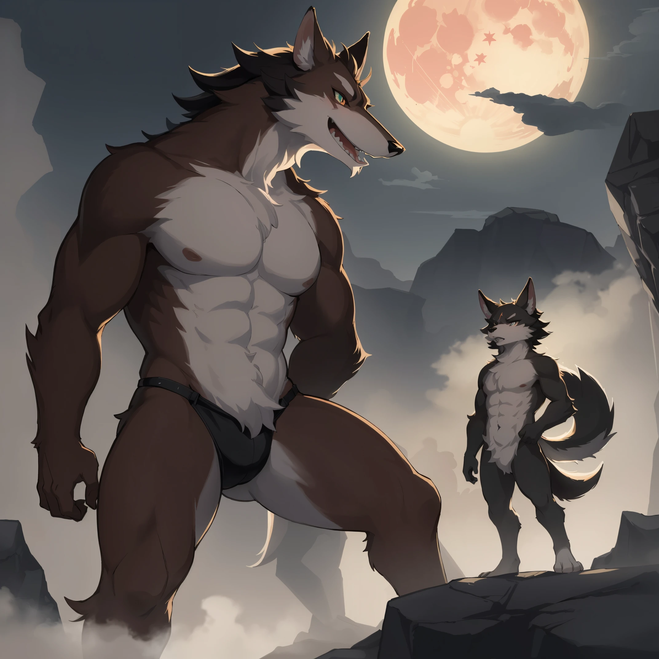 top quality, best quality, High-quality illustrations by Rembrandt, masterpiece, depth of field(highly detailed beautiful face and eyes)absurdres, perfect anatomy, Werewolf, howling, red full moon, on cliff, fog(kemono, super handsome boy, solo focus, muscle, hero pose)(furry anthro)full body, wide shot,