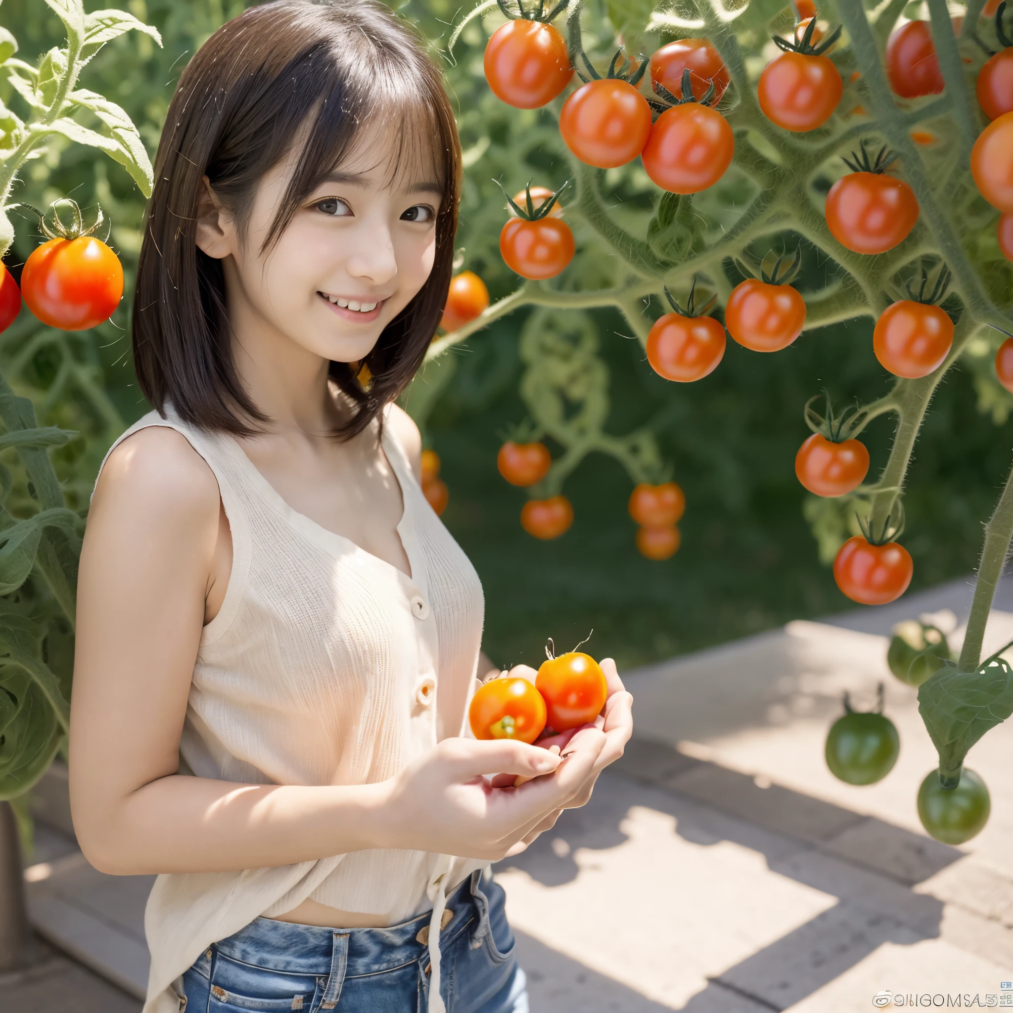 Ultra-realistic capture, Highly detailed, 人間の皮膚のhight resolution16kクローズアップ. Skin texture must be natural, Detailed enough to finely identify pores. Skin should look healthy, In a uniform tone. Use natural light and color,(Best Quality,4K,8K,hight resolution,masutepiece:1.2),Realistic,Photorealistic:1.37,japanes,fine-grained white skin,(Skinny Jeans,Thin cardigan,sleeveless top),beautiful and magnificent composition,masutepiece,Attractive,Cute,silky smooth and straight hair,Sharp Focus,the setting sun,Smiling cheerfully,((((Holding tomatoes in your hands)))),(Tomato field),(There is a tomato tree in front of me),surrounded by tomato trees,((Slouching)),Full-body photography from a distance:1.4,((Accurate hand drawing))