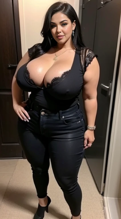 sexy bbw mature woman, beautiful face, big breasts, sexy big ass, sexy thighs, tall body, wears a sexy bra, wears revealing short leggings, camera focuses on the whole body, detailed pictures, realistic quality