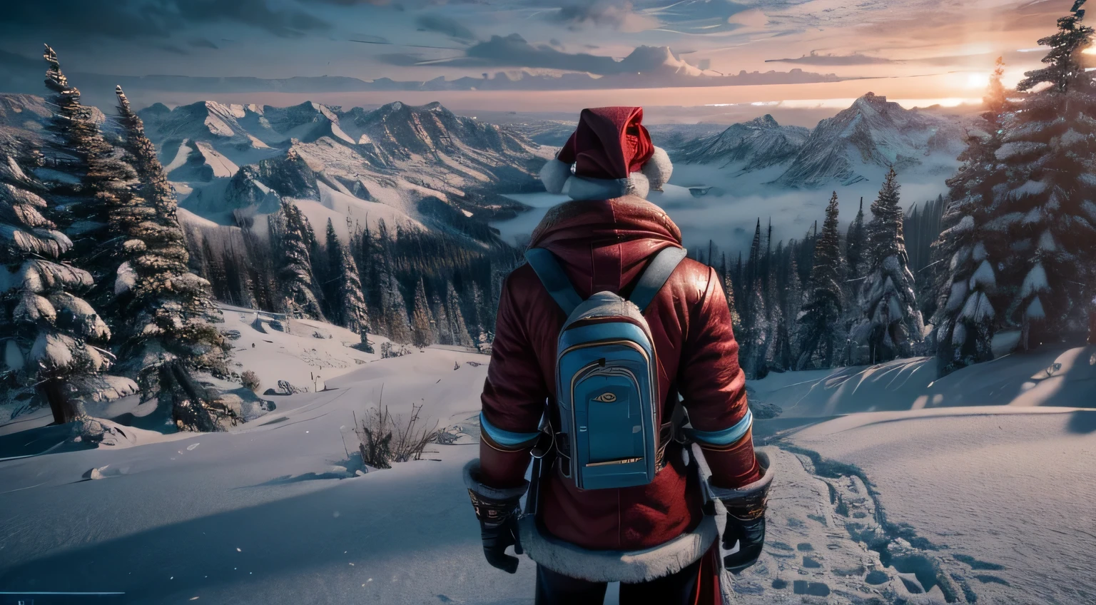 Amidst a serene snowy peak, envision an elderly, mirthful Santa, cradling a whiskey bottle, donning a cheerful grin. Crafted in hyper-realistic 4K resolution, bathed in cyan rim lights, featuring motion blur and soft lighting. Harness the power of Unreal Engine 5 for cinematic brilliance, employing an ultra-wide 25mm lens. Sculpt the scene with precise Depth of Field, Tilt Blur, and optimal camera settings—Shutter Speed 1/1000, F/22, and White Balance. Elevate the image with 32k Super-Resolution, Pro Photo RGB, and VR compatibility. Infuse a sense of loneliness, enormity, and Half rear Lighting. Leverage Unreal Engine's Backlight, Natural Lighting, Incandescent, and Optical Fiber for a moody yet cinematic ambiance. Embrace intricate details, volumetric, and beautiful lighting, incorporating global illumination, reflections, and scattering for hyper-maximalist elegance