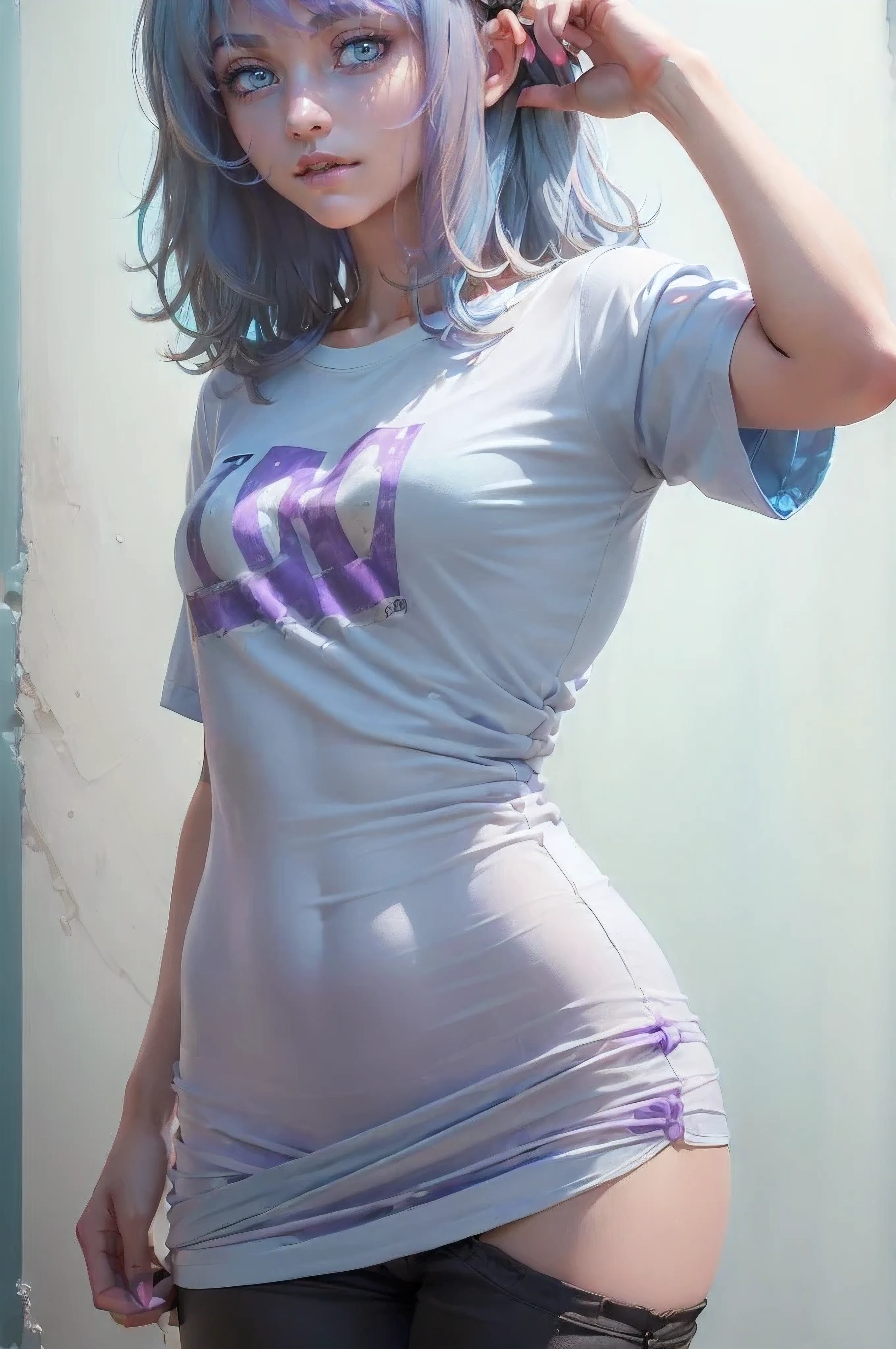 1 girl, Beautiful vintage color, watching viewer (Bright long white oversized t-shirt (plain color), instagram (Photorealistic, High Resolution: 1.4), ((expressive eyeull - body (8K, RAW photo, Best Quality, Masterpiece: 1.2), (Realistic, Photorealistic): 1.37), (soft focus: 1.2), Professional lighting, Photon mapping, radiosity, physically based rendering, (White Skin Skin: 1.2), (Small: 1.2), viewer's gaze, (Medium Hair: 1.5), Portrait, Purple eye, (light blue hair: 1.2),: 1.4), upper-body, Realistic, (Masterpiece: 1.4), (Best Quality: 1.4), (glossy skin), fashionable woman, makeup, Smile (Skinny, mouth closed, Shy: 1.3), (Standing, Plain long white oversized t-shirt and black pants), Medium bust, Front pillar, Hands folded behind his back, White wall background, No need for a picture on a t-shirt,
